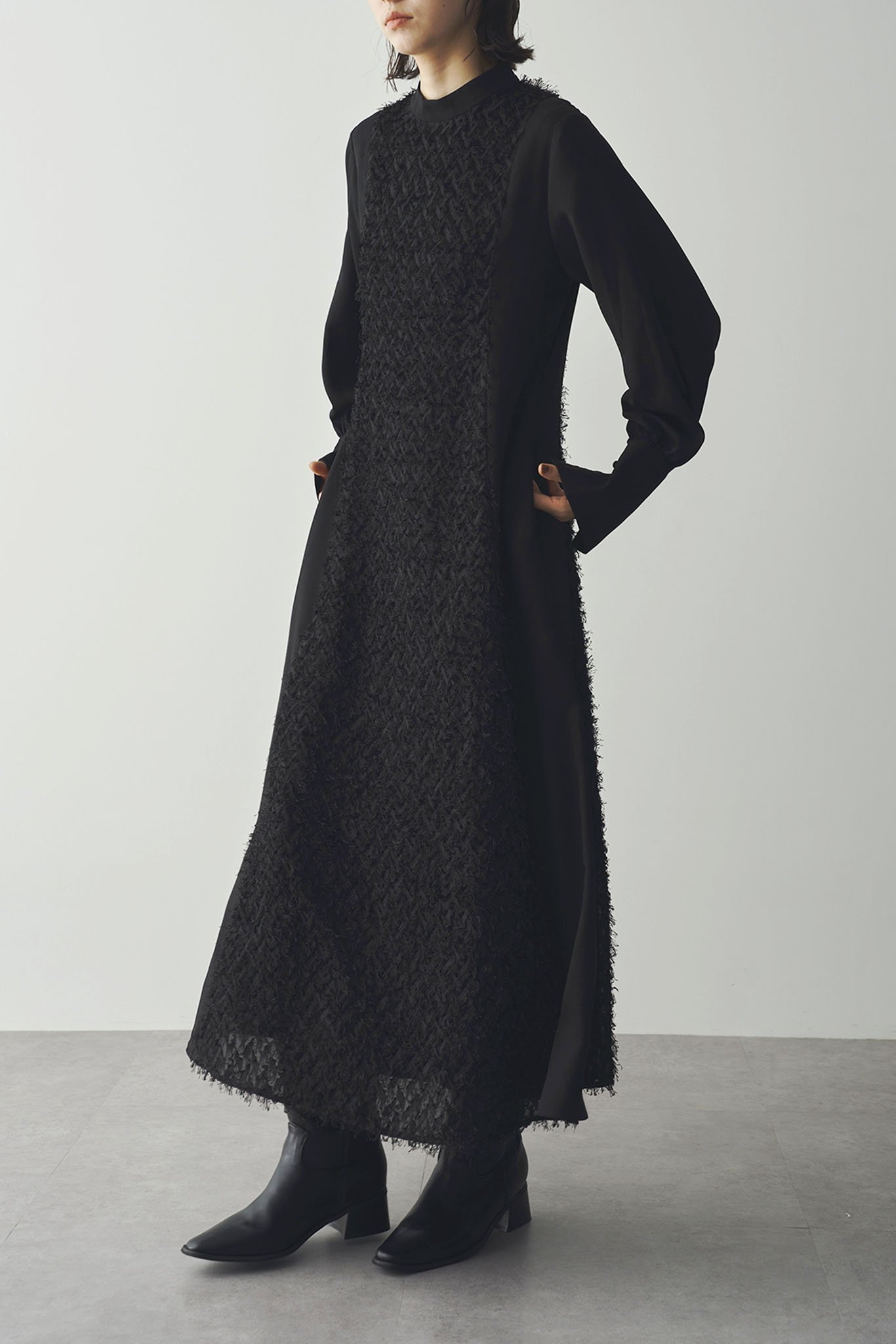 【リミュウ/Limue】のカットジャガードワンピース 人気、トレンドファッション・服の通販 founy(ファニー) 　ファッション　Fashion　レディースファッション　Fashion for Women　ワンピース　Dresses　カフス　Cuff Design　テクスチャー　Texture, Textured Fabric　ドッキング　Docking, Mixed Material　ロング　Long, Long-Length　 other-1|ID: prp329100004821269 ipo3291000000035038599