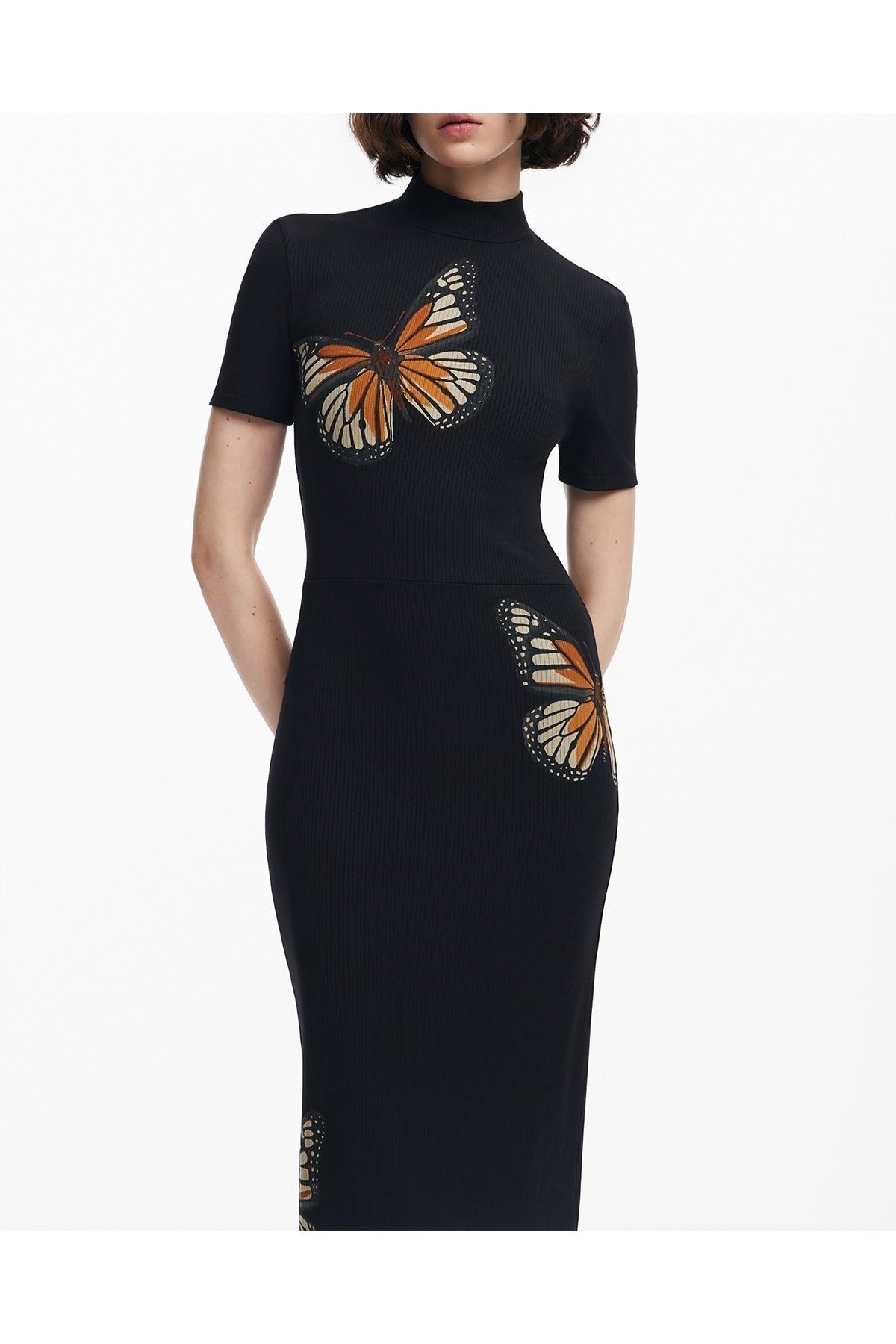 【デシグアル/Desigual】のモナークバタフライ ワンピース ブラック インテリア・キッズ・メンズ・レディースファッション・服の通販 founy(ファニー) 　ファッション　Fashion　レディースファッション　Fashion for Women　ワンピース　Dresses　タートルネック　Turtleneck, High Neck　フィット　Fit, Slim Fit　プリント　Print, Printed Pattern　エレガント 上品　Elegant　半袖　Short Sleeve, Half Sleeve　グレー/ブラック/2000|ID: prp329100004821271 ipo3291000000035038672