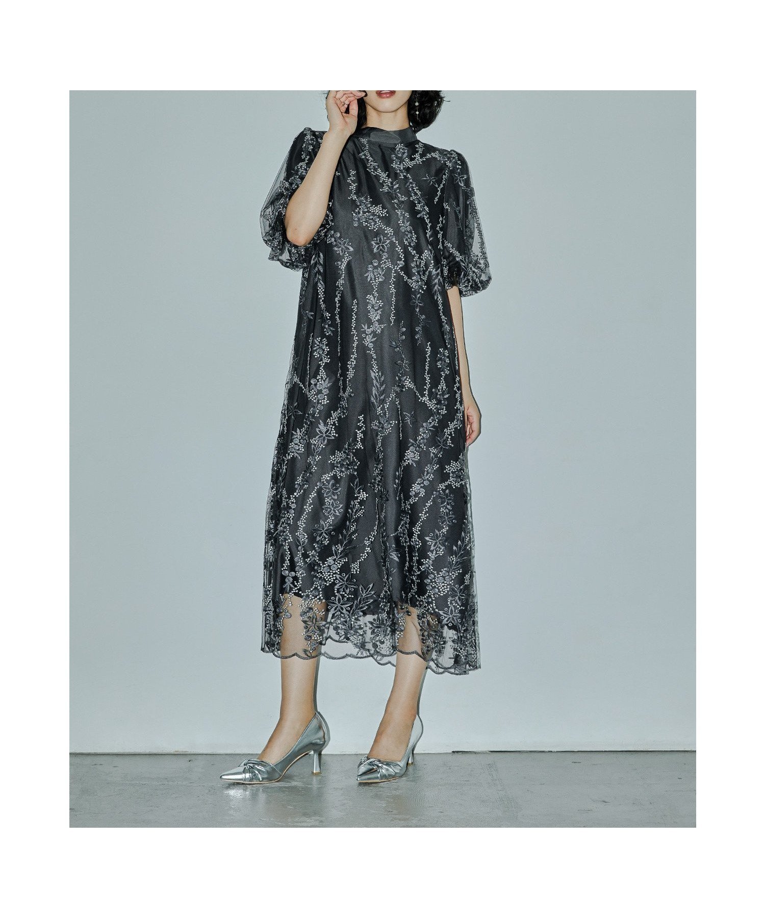 【ビーフラット/bflat】の刺繍レースAラインドレス マタニティ 妊婦 結婚式 二次会 成人式 同窓会 インテリア・キッズ・メンズ・レディースファッション・服の通販 founy(ファニー) 　ファッション　Fashion　レディースファッション　Fashion for Women　ワンピース　Dresses　フォーマル・パーティードレス・結婚式用ドレス　Elegant & Casual Dresses　おすすめ　Recommended / Our Picks　スタンド　Stand Collar, Upright Stand　スリーブ　Sleeve, Long Sleeve / Short Sleeve　ドレス　Dress, One-Piece　レース　Lace, Lace Fabric　エレガント 上品　Elegant　二次会　After Party　披露宴　Wedding Reception　結婚式　Wedding　チャコール|ID: prp329100004821287 ipo3291000000035039020