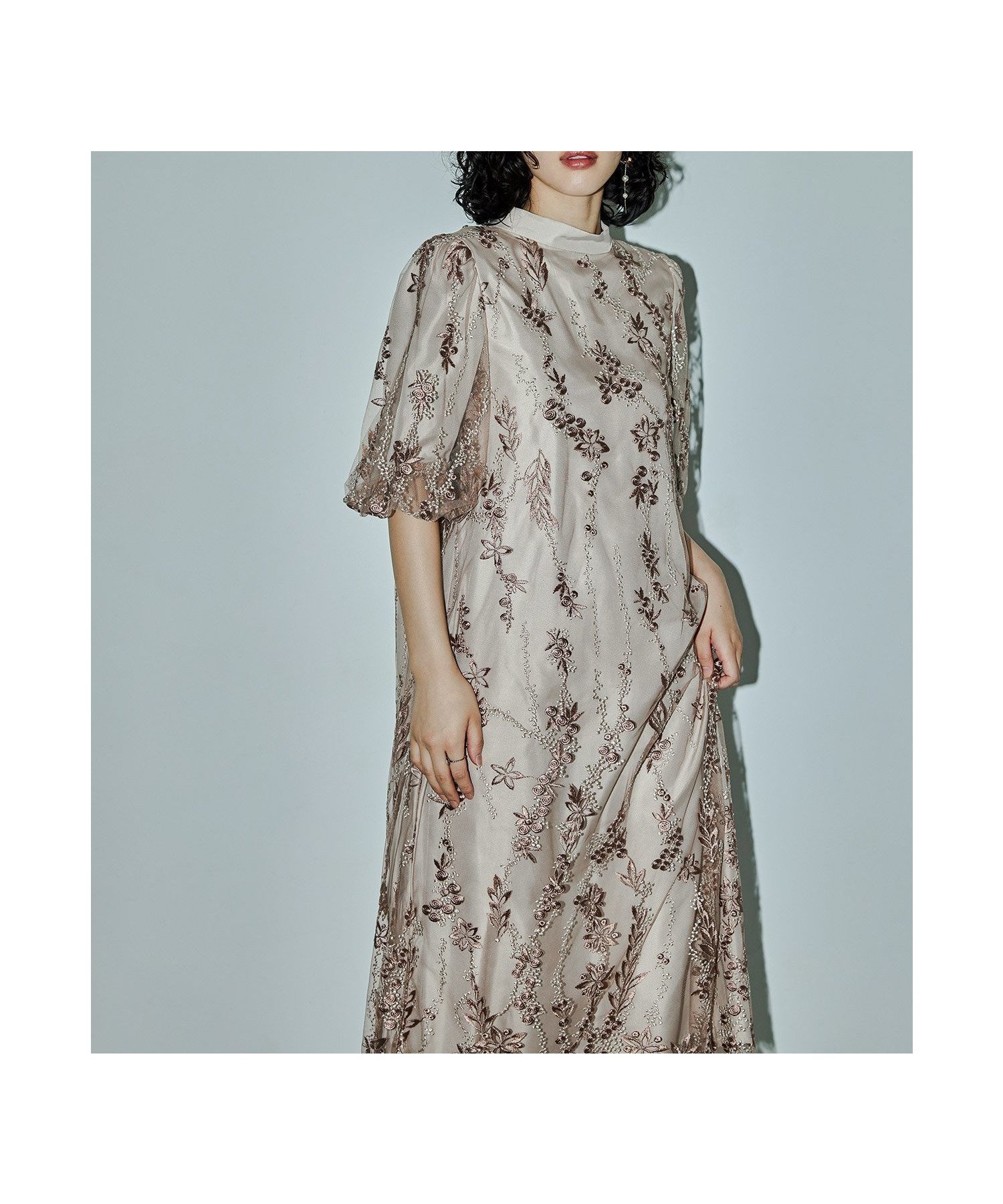 【ビーフラット/bflat】の刺繍レースAラインドレス マタニティ 妊婦 結婚式 二次会 成人式 同窓会 インテリア・キッズ・メンズ・レディースファッション・服の通販 founy(ファニー) 　ファッション　Fashion　レディースファッション　Fashion for Women　ワンピース　Dresses　フォーマル・パーティードレス・結婚式用ドレス　Elegant & Casual Dresses　おすすめ　Recommended / Our Picks　スタンド　Stand Collar, Upright Stand　スリーブ　Sleeve, Long Sleeve / Short Sleeve　ドレス　Dress, One-Piece　レース　Lace, Lace Fabric　エレガント 上品　Elegant　二次会　After Party　披露宴　Wedding Reception　結婚式　Wedding　ベージュ|ID: prp329100004821287 ipo3291000000035039022