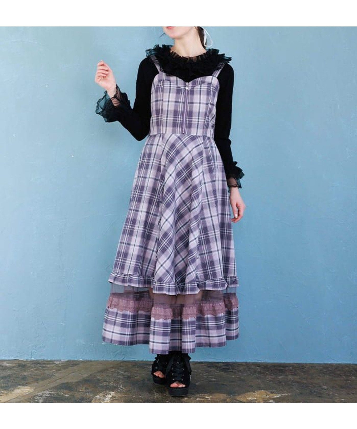 【アクシーズファム/axes femme】のセンタージップチェックジャンスカ インテリア・キッズ・メンズ・レディースファッション・服の通販 founy(ファニー) 　ファッション　Fashion　レディースファッション　Fashion for Women　2025年　2025　2025春夏・S/S　Spring/Summer 2025 SS25　おすすめ　Recommended / Our Picks　シャーリング　Shirring, Ruched　シンプル　Simple, Minimal　チェック　Check, Plaid, Tartan　チャーム　Charm, Pendant　チュール　Tulip, Tulip Motif　パール　Pearl, Pearl Accent　フェミニン　Feminine, Girly　フレア　Flare, Flared　レース　Lace, Lace Fabric　ローズ　Rose, Rose Motif　春　Spring　ラベンダー|ID: prp329100004821295 ipo3291000000035039124