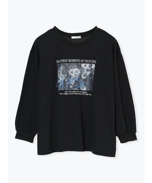 【ジェイ アンド シュプール/Re J&SUPURE】のフラワーフォト×ロゴ刺繍ロングTシャツ インテリア・キッズ・メンズ・レディースファッション・服の通販 founy(ファニー) 　ファッション　Fashion　レディースファッション　Fashion for Women　トップス・カットソー　Cut & Sew Tops　シャツ・ブラウス・オフィスカジュアル　Elegant Blouses & Button-Ups　ロングTシャツ・Tシャツ　Longline T-Shirts & Tees　インナー　Innerwear　カーディガン　Cardigan, Knitwear　パーカー　Hoodie, Parka　フラワー　Flower, Floral　プリント　Print, Printed Pattern　ベスト　Vest, Waistcoat　ロング　Long, Long-Length　黒|ID: prp329100004821369 ipo3291000000035040426