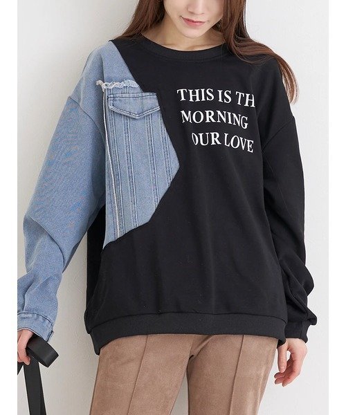 【ジェイ アンド シュプール/Re J&SUPURE】のデニム切り替えロゴプルオーバー 人気、トレンドファッション・服の通販 founy(ファニー) 　ファッション　Fashion　レディースファッション　Fashion for Women　トップス・カットソー　Cut & Sew Tops　カジュアルプルオーバー・ニットトップス　Pullovers & Knit Tops / Casual Pullovers　デニム　Denim, Jeans Material　フロント　Front, Front Design　プリント　Print, Printed Pattern　リラックス　Relax, Relaxed Fit　ワンポイント　One Point, Statement Accent　 other-1|ID: prp329100004821370 ipo3291000000035040428