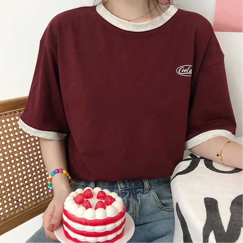 【ミニミニストア/miniministore】のバイカラーTシャツ 韓国半袖 カジュアル インテリア・キッズ・メンズ・レディースファッション・服の通販 founy(ファニー) 　ファッション　Fashion　レディースファッション　Fashion for Women　トップス・カットソー　Cut & Sew Tops　シャツ・ブラウス・オフィスカジュアル　Elegant Blouses & Button-Ups　ロングTシャツ・Tシャツ　Longline T-Shirts & Tees　春　Spring　カットソー　Cut and Sewn Top　サマー　Summer, Summer Style　ショート　Short, Short Length　シンプル　Simple, Minimal　半袖　Short Sleeve, Half Sleeve　ミニスカート　Mini Skirt, Short Skirt　無地　Plain, Solid Color　ラウンド　Round, Round Neck　S/S・春夏　SS, Spring/Summer, Warm Season　夏　Summer　ワインレッド|ID: prp329100004821664 ipo3291000000035045189