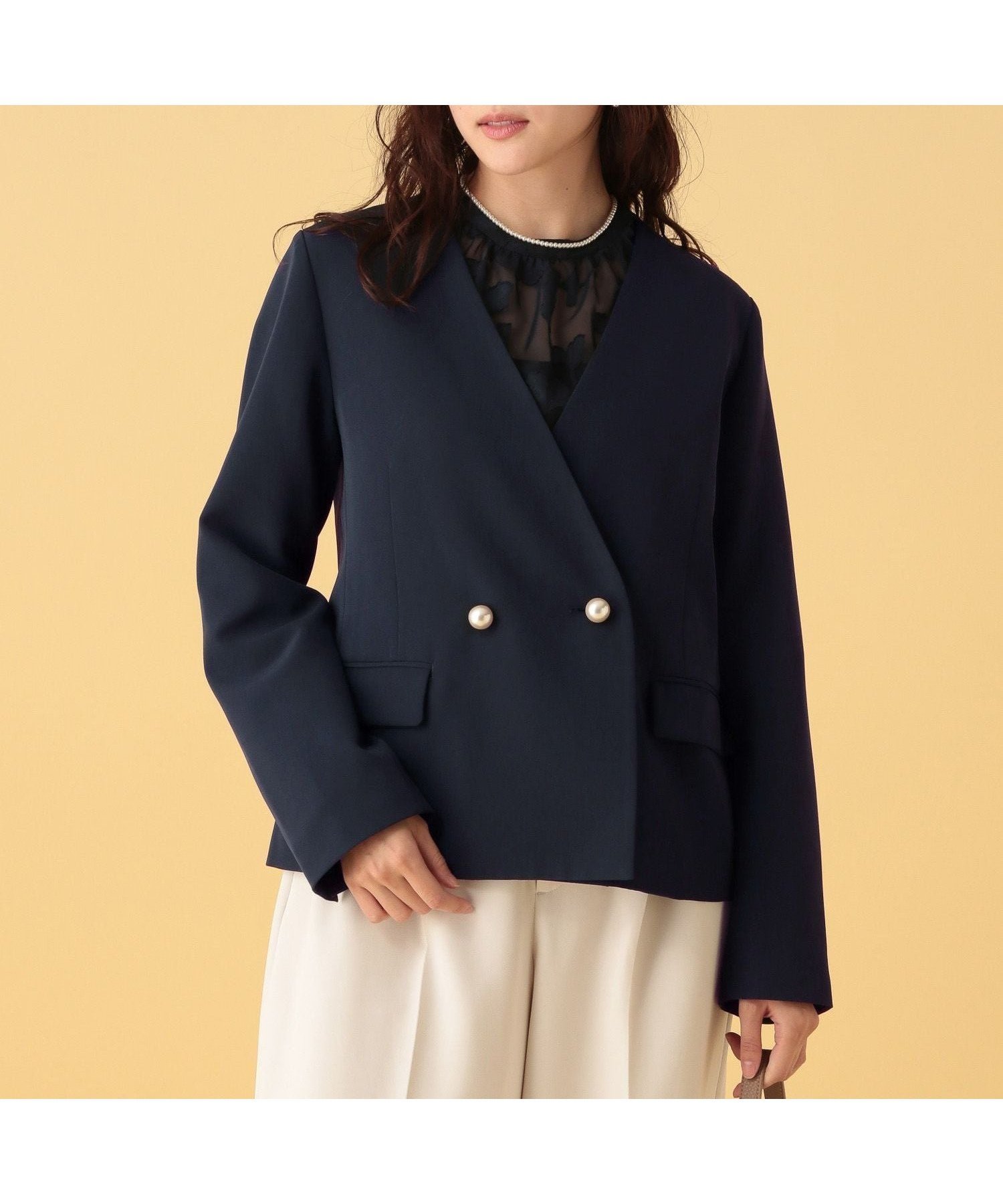 【エルーラ/Elura】の≪CEREMONY≫ダブルクロスジャケット/603858 インテリア・キッズ・メンズ・レディースファッション・服の通販 founy(ファニー) 　ファッション　Fashion　レディースファッション　Fashion for Women　アウター　Coat / Outerwear Collection　レディースジャケット・軽アウター　Jackets　アクセサリー　Fashion Accessories　インナー　Innerwear　ジャケット　Jacket, Outerwear　ストレッチ　Stretch, Stretchy Fabric　セットアップ　Set-Up, Coordinated Outfit　ダブル　Double, Double-Breasted　デコルテ　Décolleté, Neckline　バランス　Balance, Style Balance　パール　Pearl, Pearl Accent　レース　Lace, Lace Fabric　エレガント 上品　Elegant　セレモニー　Ceremony　ビジネス 仕事 通勤　Business / Work / Commuting　ネイビー88|ID: prp329100004821752 ipo3291000000035046206