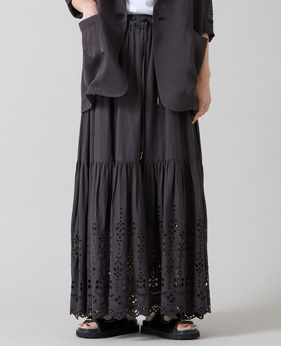 【リエス/Liesse】のインド刺繍スカート インテリア・キッズ・メンズ・レディースファッション・服の通販 founy(ファニー) 　ファッション　Fashion　レディースファッション　Fashion for Women　スカート　Skirts　インド　Indian Textile　ギャザー　Gathered, Ruffled　ジャケット　Jacket, Outerwear　ティアード　Tiered, Tiered Style　バランス　Balance, Style Balance　フェミニン　Feminine, Girly　レーシー　Lacy, Lace-Like　レース　Lace, Lace Fabric　ワーク　Workwear, Utility Style　スミクロ|ID: prp329100004821889 ipo3291000000035047416