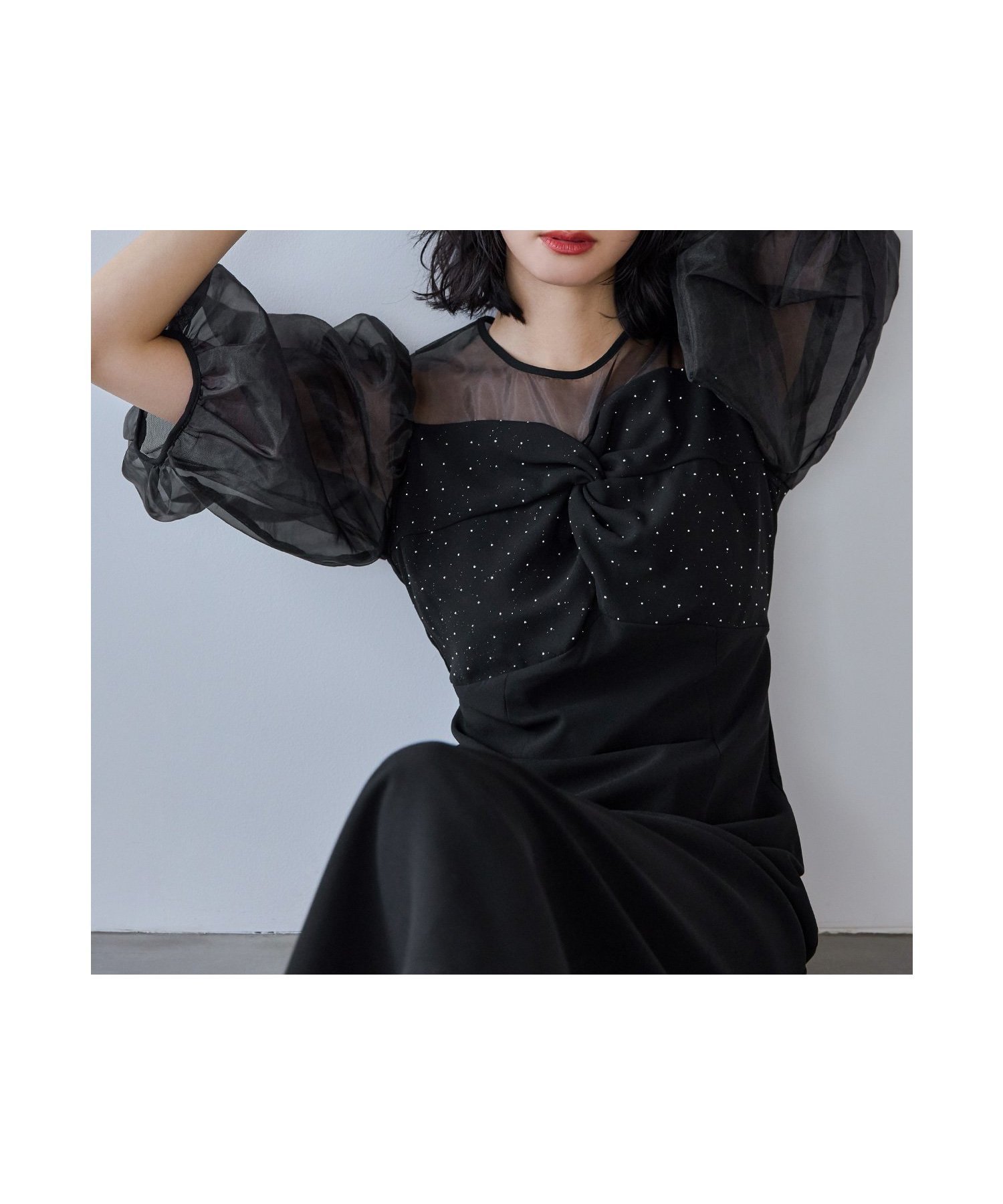 【ビーフラット/bflat】のラインストーンツイストパフスリーブドレス パーティードレス オケージョンドレス インテリア・キッズ・メンズ・レディースファッション・服の通販 founy(ファニー) 　ファッション　Fashion　レディースファッション　Fashion for Women　ワンピース　Dresses　フォーマル・パーティードレス・結婚式用ドレス　Elegant & Casual Dresses　おすすめ　Recommended / Our Picks　オーガンジー　Organza Fabric　ストーン　Stone, Gem-Like　スリーブ　Sleeve, Long Sleeve / Short Sleeve　ツイスト　Tweed, Tweed Fabric　デコルテ　Décolleté, Neckline　ドレス　Dress, One-Piece　エレガント 上品　Elegant　二次会　After Party　披露宴　Wedding Reception　結婚式　Wedding　ブラック|ID: prp329100004821971 ipo3291000000035048335