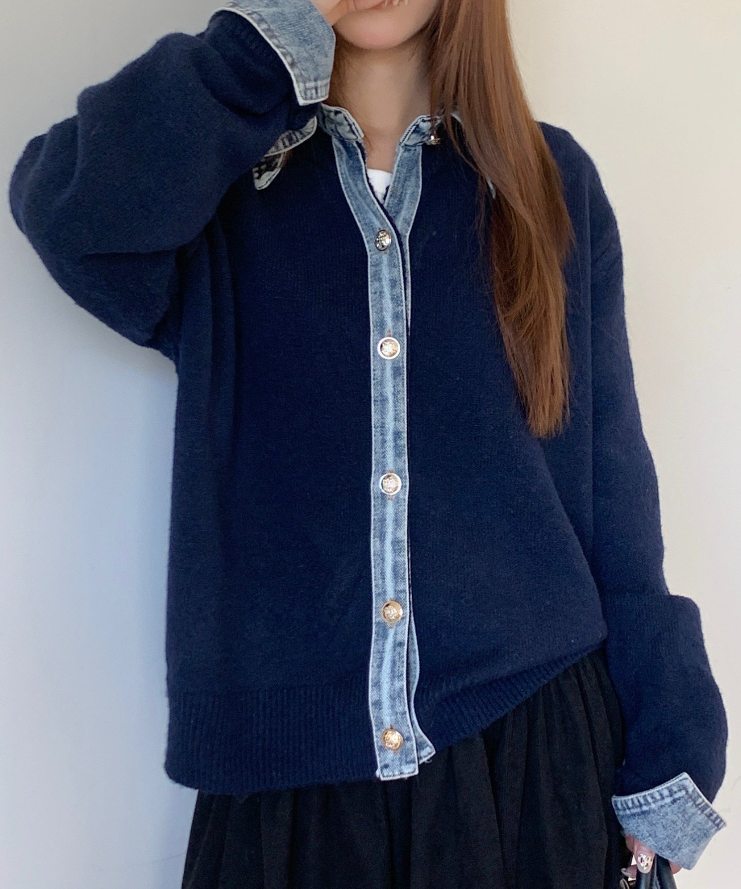 【ディアベル/DIAVEL】のデニムドッキングニットカーディガン/異素材切替デザイン インテリア・キッズ・メンズ・レディースファッション・服の通販 founy(ファニー) 　ファッション　Fashion　レディースファッション　Fashion for Women　トップス・カットソー　Cut & Sew Tops　ニット　Knit Tops & Sweaters　カーディガン・羽織り　Layered Style Cardigans　カーディガン　Cardigan, Knitwear　ガーリー　Girly, Feminine Style　キャップ　Cap, Baseball Cap　切替　Switching, Contrast Panel　シンプル　Simple, Minimal　セットアップ　Set-Up, Coordinated Outfit　デニム　Denim, Jeans Material　トレンド　Trend, Trending Now　ドッキング　Docking, Mixed Material　フレア　Flare, Flared　ベーシック　Basic, Essential　ポケット　Pocket, Pocket Detail　再入荷　Restock / Back in Stock　おすすめ　Recommended / Our Picks　ネイビー|ID: prp329100004821983 ipo3291000000035048454