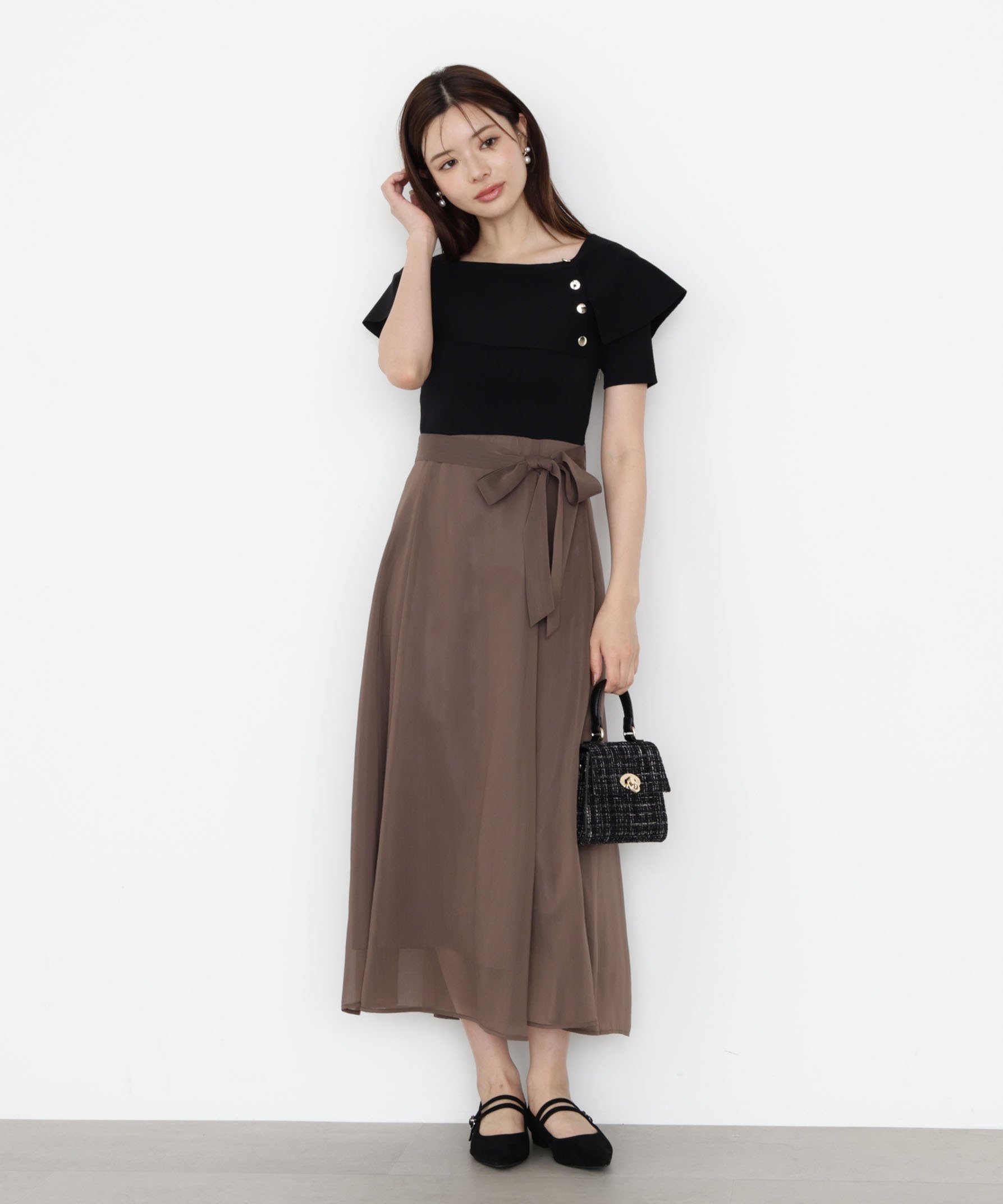 【プロポーション ボディドレッシング/PROPORTION BODY DRESSING】のケープ風ニットドッキングワンピース 25AW インテリア・キッズ・メンズ・レディースファッション・服の通販 founy(ファニー) 　ファッション　Fashion　レディースファッション　Fashion for Women　ワンピース　Dresses　2025年　2025　2025-2026秋冬・A/W　Autumn/Winter 2025–26 AW25–26　シフォン　Chiffon, Lightweight Fabric　ドッキング　Docking, Mixed Material　リボン　Ribbon, Bow　ブラウン×ブラック|ID: prp329100004822040 ipo3291000000035049137