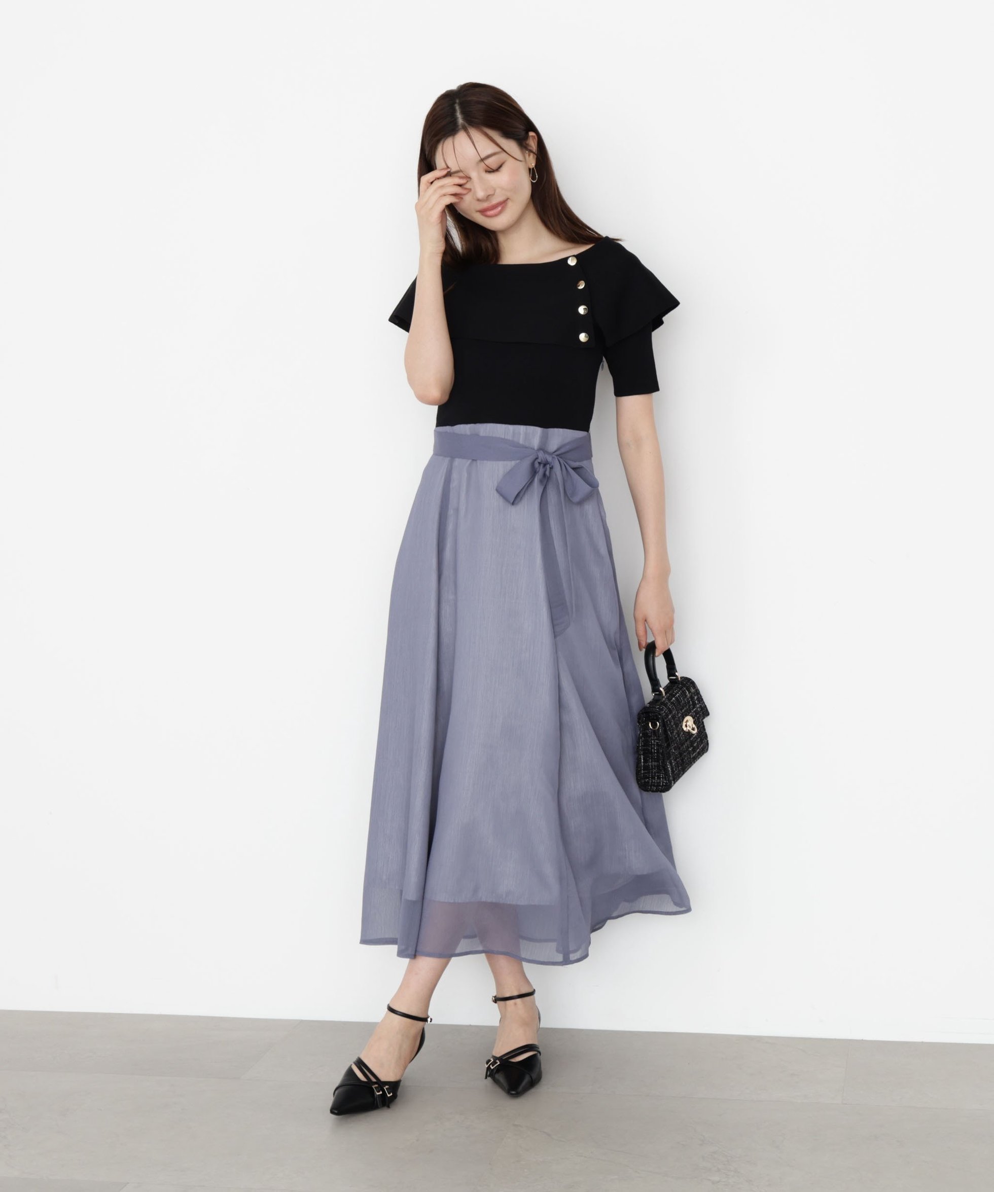 【プロポーション ボディドレッシング/PROPORTION BODY DRESSING】のケープ風ニットドッキングワンピース 25AW インテリア・キッズ・メンズ・レディースファッション・服の通販 founy(ファニー) 　ファッション　Fashion　レディースファッション　Fashion for Women　ワンピース　Dresses　2025年　2025　2025-2026秋冬・A/W　Autumn/Winter 2025–26 AW25–26　シフォン　Chiffon, Lightweight Fabric　ドッキング　Docking, Mixed Material　リボン　Ribbon, Bow　ブルー×ブラック|ID: prp329100004822040 ipo3291000000035049139