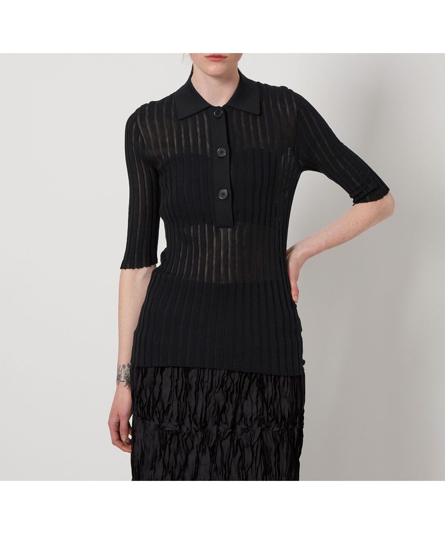 【ユナイテッドアローズ/UNITED ARROWS】のAEWEN MATOPH シアー リブ ポロニット インテリア・キッズ・メンズ・レディースファッション・服の通販 founy(ファニー) 　ファッション　Fashion　レディースファッション　Fashion for Women　トップス・カットソー　Cut & Sew Tops　ニット　Knit Tops & Sweaters　シアー　Sheer, See-Through　シルク　Silk, 100% Silk　デニム　Denim, Jeans Material　なめらか　Smooth, Silky Texture　ワイド　Wide, Wide Fit　アウトレット　Outlet / Clearance　おすすめ　Recommended / Our Picks　エレガント 上品　Elegant　BLACK|ID: prp329100004822158 ipo3291000000035050465