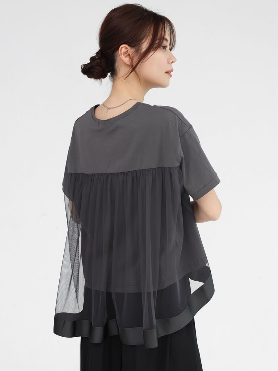 【ラシュッド/LASUD】のバックチュールTシャツ インテリア・キッズ・メンズ・レディースファッション・服の通販 founy(ファニー) ファッション Fashion レディースファッション Fashion for Women トップス・カットソー Cut & Sew Tops シャツ・ブラウス・オフィスカジュアル Elegant Blouses & Button-Ups ロングTシャツ・Tシャツ Longline T-Shirts & Tees バッグ Bags チュール Tulip, Tulip Motif チャコールグレー|ID: prp329100004822207 ipo3291000000035050907