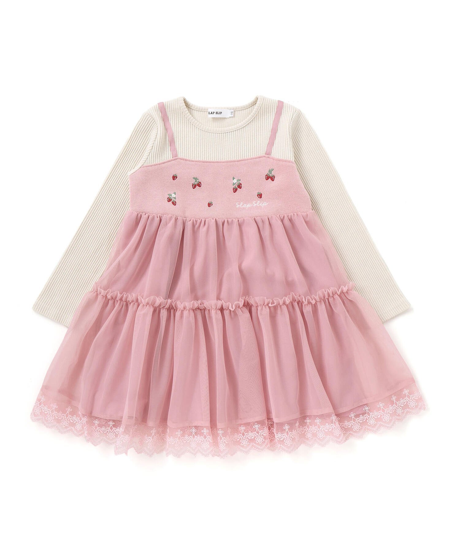 【ベベ オンライン ストア/BEBE ONLINE STORE / KIDS】のイチゴ刺しゅうフワフワチュールティアードドッキングワンピース(80~130cm) インテリア・キッズ・メンズ・レディースファッション・服の通販 founy(ファニー) 　ファッション　Fashion　キッズファッション　Fashion for Kids　ワンピース　Dresses　秋　Autumn　カラフル　Colorful Design　コレクション　Collection, Seasonal Line　スカラップ　Scallop, Scalloped Edge　チェック　Check, Plaid, Tartan　チュール　Tulip, Tulip Motif　ドッキング　Docking, Mixed Material　長袖　Long Sleeve, Full Sleeve　フェミニン　Feminine, Girly　フレンチ　French, French Style　フロント　Front, Front Design　ミックス　Mix, Mixed Style　モチーフ　Motif, Design Theme　A/W・秋冬　Autumn/Winter　エレガント 上品　Elegant　2025年　2025　2025-2026秋冬・A/W　Autumn/Winter 2025–26 AW25–26　オフホワイト×ピンク|ID: prp329100004822724 ipo3291000000035063623