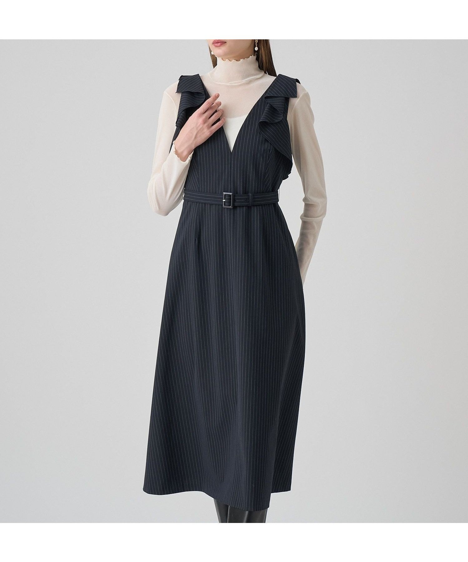 【アナイ/ANAYI】のポリレーヨンラッフルショルダーワンピース 人気、トレンドファッション・服の通販 founy(ファニー) 　ファッション　Fashion　レディースファッション　Fashion for Women　ワンピース　Dresses　インナー　Innerwear　カッティング　Cutting Detail　ストライプ　Stripe, Striped Pattern　ストレッチ　Stretch, Stretchy Fabric　スマート　Smart, Elegant　ノースリーブ　Sleeveless, No-Sleeve　フリル　Frill, Ruffle　A/W・秋冬　Autumn/Winter　再入荷　Restock / Back in Stock　 other-1|ID: prp329100004822752 ipo3291000000035063964