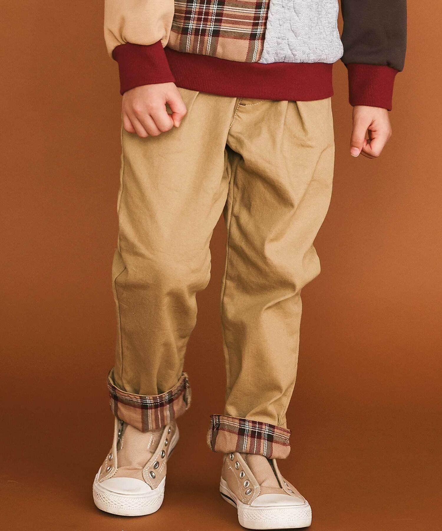 【ベベ オンライン ストア/BEBE ONLINE STORE / KIDS】の【裏微起毛】折り返し裾チェックロングパンツ(80~130cm) 人気、トレンドファッション・服の通販 founy(ファニー) 　ファッション　Fashion　キッズファッション　Fashion for Kids　ボトムス　Bottoms　秋　Autumn　シンプル　Simple, Minimal　チェック　Check, Plaid, Tartan　ツイル　Twist, Twisted Detail　デニム　Denim, Jeans Material　ドッキング　Docking, Mixed Material　フレンチ　French, French Style　ポケット　Pocket, Pocket Detail　ミックス　Mix, Mixed Style　モチーフ　Motif, Design Theme　ロング　Long, Long-Length　A/W・秋冬　Autumn/Winter　おすすめ　Recommended / Our Picks　エレガント 上品　Elegant　2025年　2025　2025-2026秋冬・A/W　Autumn/Winter 2025–26 AW25–26　 other-1|ID: prp329100004822756 ipo3291000000035064074