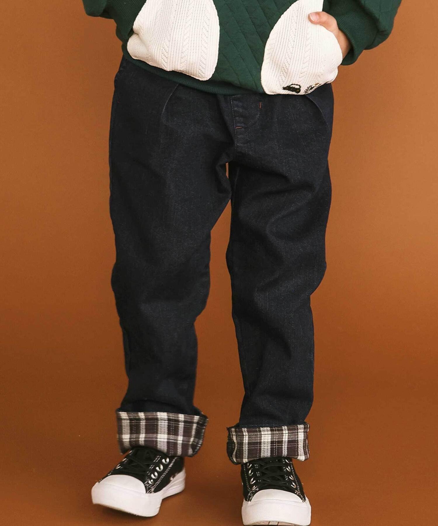 【ベベ オンライン ストア/BEBE ONLINE STORE / KIDS】の【裏微起毛】折り返し裾チェックロングパンツ(80~130cm) インテリア・キッズ・メンズ・レディースファッション・服の通販 founy(ファニー) 　ファッション　Fashion　キッズファッション　Fashion for Kids　ボトムス　Bottoms　秋　Autumn　シンプル　Simple, Minimal　チェック　Check, Plaid, Tartan　ツイル　Twist, Twisted Detail　デニム　Denim, Jeans Material　ドッキング　Docking, Mixed Material　フレンチ　French, French Style　ポケット　Pocket, Pocket Detail　ミックス　Mix, Mixed Style　モチーフ　Motif, Design Theme　ロング　Long, Long-Length　A/W・秋冬　Autumn/Winter　おすすめ　Recommended / Our Picks　エレガント 上品　Elegant　2025年　2025　2025-2026秋冬・A/W　Autumn/Winter 2025–26 AW25–26　ネイビー|ID: prp329100004822756 ipo3291000000035064084