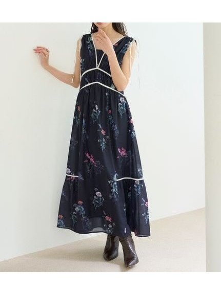 【スナイデル/SNIDEL】の【00サイズあり】フラワードロストディティールワンピース インテリア・キッズ・メンズ・レディースファッション・服の通販 founy(ファニー) 　ファッション　Fashion　レディースファッション　Fashion for Women　ワンピース　Dresses　ウェーブ　Wavy Pattern　春　Spring　カラフル　Colorful Design　今季　This Season, Current Season　ショルダー　Shoulder, Shoulder Strap　ストレート　Straight, Straight Cut　スマート　Smart, Elegant　ティアードワンピース　Tiered Dress, Flared Dress　バランス　Balance, Style Balance　フィット　Fit, Slim Fit　フラワー　Flower, Floral　プリント　Print, Printed Pattern　リボン　Ribbon, Bow　S/S・春夏　SS, Spring/Summer, Warm Season　おすすめ　Recommended / Our Picks　夏　Summer　エレガント 上品　Elegant　NVY[089]|ID: prp329100004822790 ipo3291000000035064761