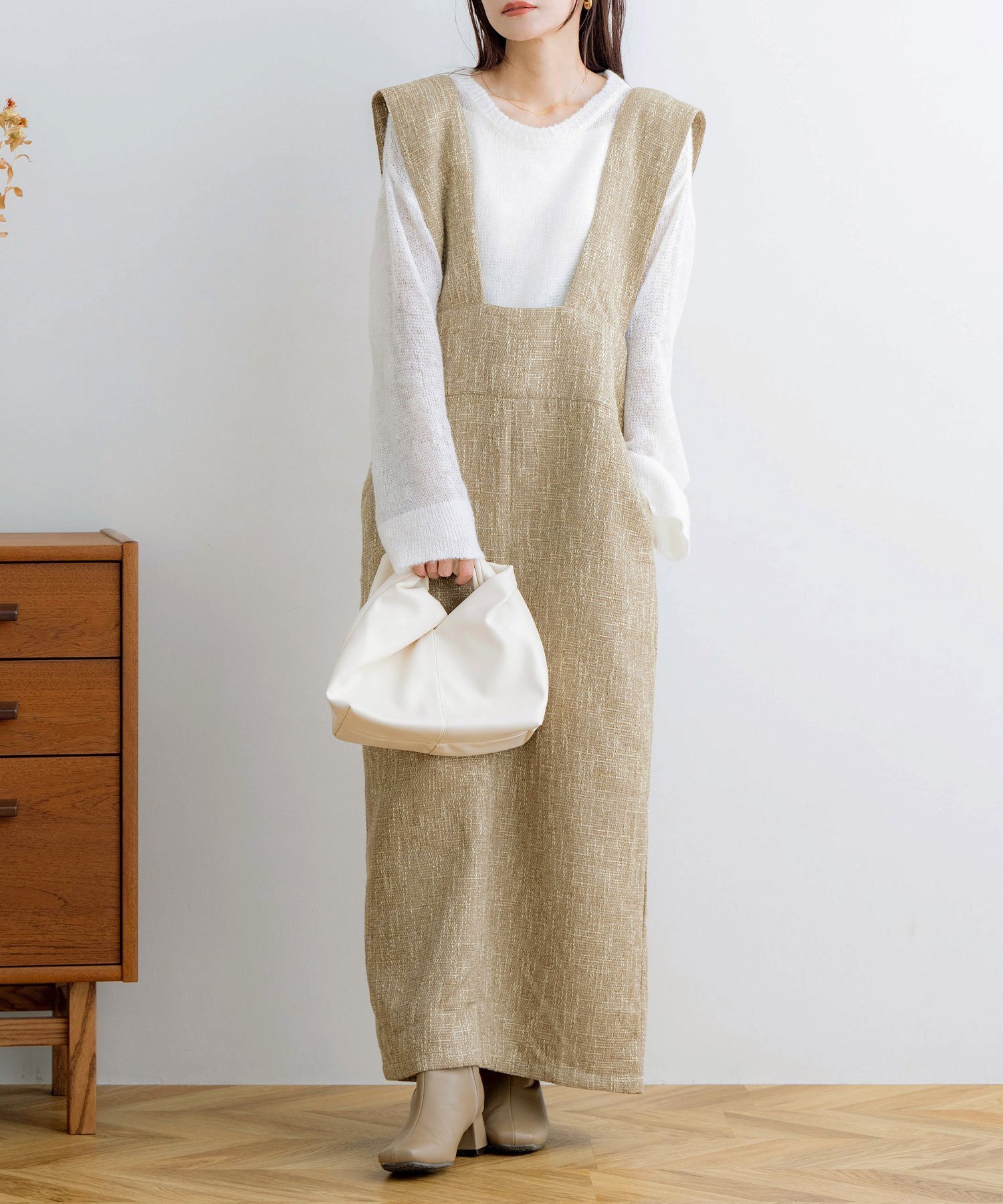 【ノアル/NOAHL】のツイードジャンパースカート インテリア・キッズ・メンズ・レディースファッション・服の通販 founy(ファニー) 　ファッション　Fashion　レディースファッション　Fashion for Women　スカート　Skirts　ツイード　Twill, Twill Weave　ハイネック　High Neck, Mock Neck　ポケット　Pocket, Pocket Detail　リブニット　Rib Knit, Ribbed Knit　秋　Autumn　ベージュ|ID: prp329100004822802 ipo3291000000035064998