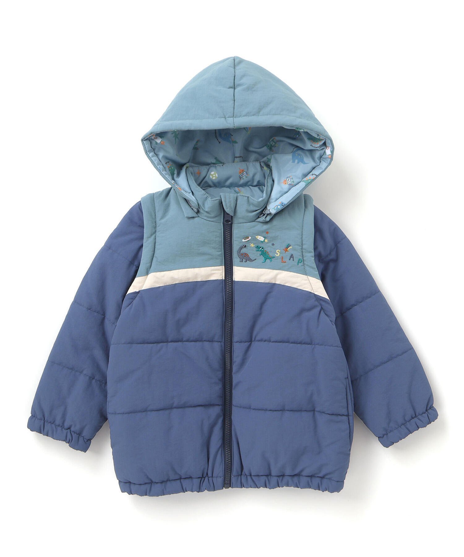 【ベベ オンライン ストア/BEBE ONLINE STORE / KIDS】の【お揃い】バイカラー恐竜ロケット総柄8WAYコート(80~130cm) インテリア・キッズ・メンズ・レディースファッション・服の通販 founy(ファニー) 　ファッション　Fashion　キッズファッション　Fashion for Kids　オレンジ　Orange　秋　Autumn　カラフル　Colorful Design　コレクション　Collection, Seasonal Line　シンプル　Simple, Minimal　チェック　Check, Plaid, Tartan　フレンチ　French, French Style　ベスト　Vest, Waistcoat　ポケット　Pocket, Pocket Detail　ミックス　Mix, Mixed Style　モチーフ　Motif, Design Theme　リバーシブル　Reversible, Two-Sided　A/W・秋冬　Autumn/Winter　エレガント 上品　Elegant　2025年　2025　2025-2026秋冬・A/W　Autumn/Winter 2025–26 AW25–26　ブルー×ネイビー(ネイビー系)|ID: prp329100004822808 ipo3291000000035065215