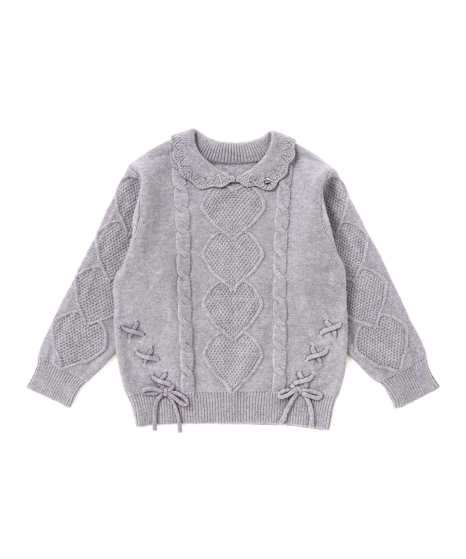 【ベベ オンライン ストア/BEBE ONLINE STORE / KIDS】の【ウォッシャブル加工】編み込みリボンハート柄 襟付きニットトップス(90~130cm) インテリア・キッズ・メンズ・レディースファッション・服の通販 founy(ファニー) 　ファッション　Fashion　キッズファッション　Fashion for Kids　トップス・カットソー　Cut & Sew Tops　ウォッシャブル　Machine Washable　秋　Autumn　シルバー　Silver, Metallic Silver　スカラップ　Scallop, Scalloped Edge　チェック　Check, Plaid, Tartan　チャーム　Charm, Pendant　長袖　Long Sleeve, Full Sleeve　フィット　Fit, Slim Fit　フレンチ　French, French Style　フロント　Front, Front Design　ミックス　Mix, Mixed Style　モチーフ　Motif, Design Theme　リボン　Ribbon, Bow　A/W・秋冬　Autumn/Winter　おすすめ　Recommended / Our Picks　エレガント 上品　Elegant　2025年　2025　2025-2026秋冬・A/W　Autumn/Winter 2025–26 AW25–26　グレー|ID: prp329100004822840 ipo3291000000035065841