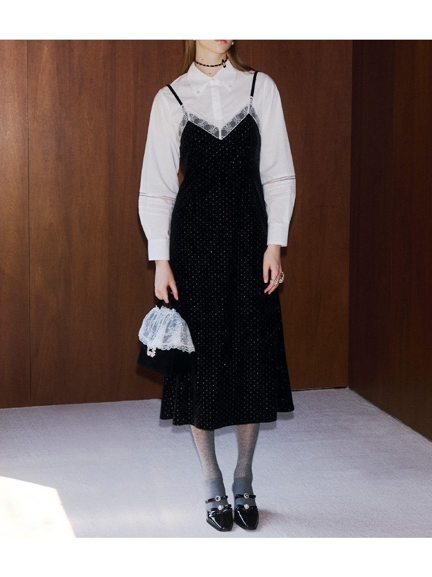 【リリーブラウン/Lily Brown】のL.B CANDY STOCK シャツコンビビジューワンピース インテリア・キッズ・メンズ・レディースファッション・服の通販 founy(ファニー) 　ファッション　Fashion　レディースファッション　Fashion for Women　ワンピース　Dresses　キャミ　Camisole, Cami Top　キャミワンピース　Cami Dress, Slip Dress　シルバー　Silver, Metallic Silver　ストライプ　Stripe, Striped Pattern　スパンコール　Sequins, Sequin Embellishment　スマート　Smart, Elegant　ベロア　Velour, Soft Velvet　無地　Plain, Solid Color　レース　Lace, Lace Fabric　エレガント 上品　Elegant　BLK[009]|ID: prp329100004822928 ipo3291000000035067860