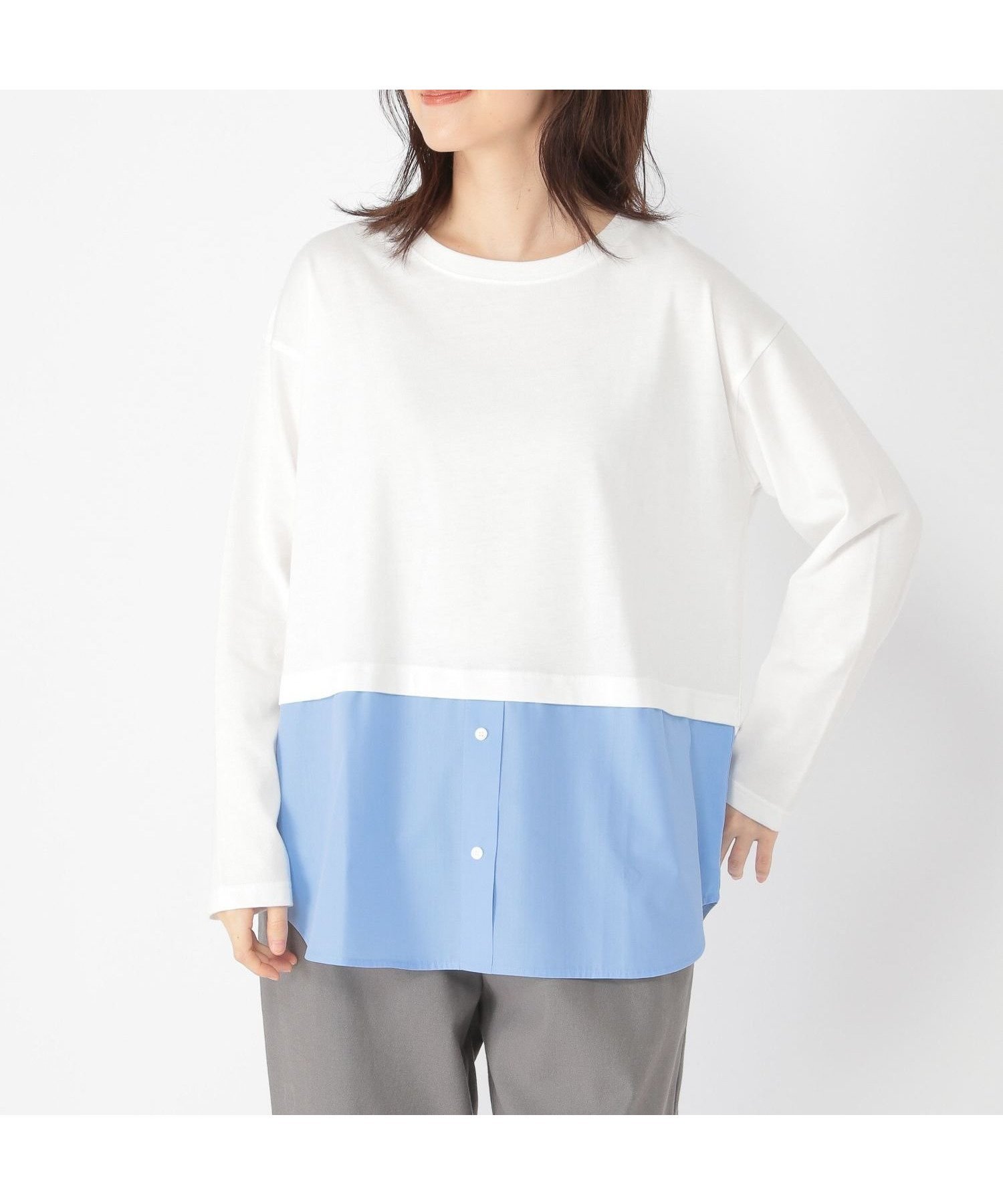 【スタディオ クリップ/studio CLIP】のシャツヘムレイヤードロングスリーブTシャツ インテリア・キッズ・メンズ・レディースファッション・服の通販 founy(ファニー) 　ファッション　Fashion　レディースファッション　Fashion for Women　トップス・カットソー　Cut & Sew Tops　シャツ・ブラウス・オフィスカジュアル　Elegant Blouses & Button-Ups　ロングTシャツ・Tシャツ　Longline T-Shirts & Tees　インナー　Innerwear　カットソー　Cut and Sewn Top　ドッキング　Docking, Mixed Material　バランス　Balance, Style Balance　ボトム　Bottoms, Lower Wear　リアル　Real, Realistic　長袖　Long Sleeve, Full Sleeve　ホワイト×サックス85|ID: prp329100004822929 ipo3291000000035067919