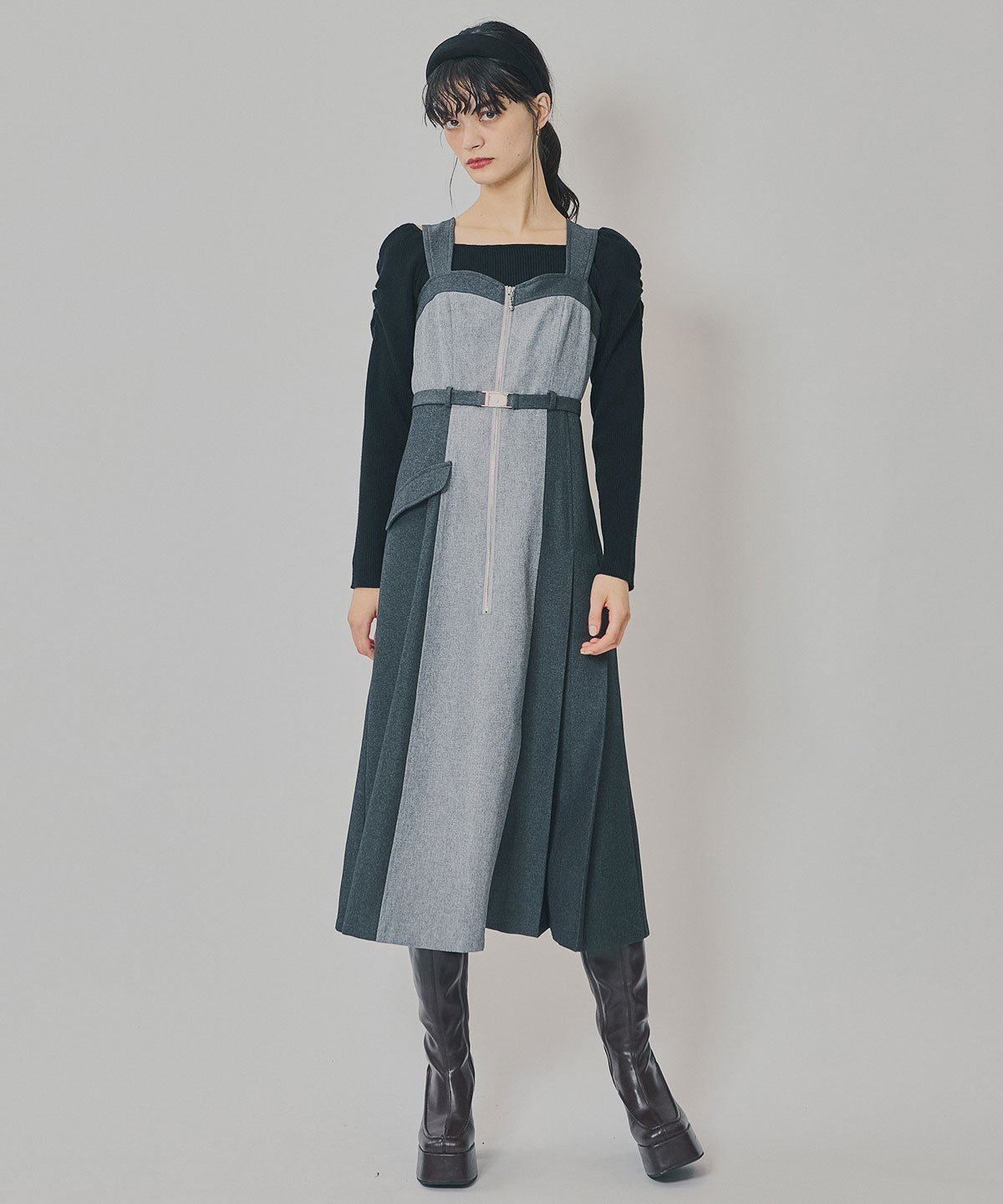 【レディアゼル/REDYAZEL】のフロントジップバイカラージャンスカ インテリア・キッズ・メンズ・レディースファッション・服の通販 founy(ファニー) 　ファッション　Fashion　レディースファッション　Fashion for Women　インナー　Innerwear　ジャンスカ　Jumper Skirt, Pinafore Dress　スリット　Slit, Slit Detail　トレンド　Trend, Trending Now　リブニット　Rib Knit, Ribbed Knit　ロング　Long, Long-Length　切替　Switching, Contrast Panel　ライトグレー|ID: prp329100004822982 ipo3291000000035068840