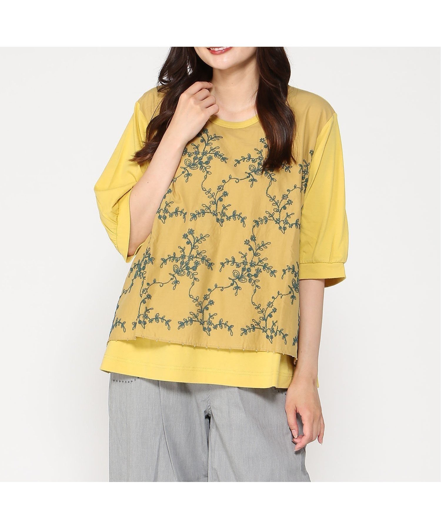 【スーパーハッカ/SUPER HAKKA】のコットンローンコード刺繍+ビーズ+天竺カットソー インテリア・キッズ・メンズ・レディースファッション・服の通販 founy(ファニー) 　ファッション　Fashion　レディースファッション　Fashion for Women　トップス・カットソー　Cut & Sew Tops　カットソー・ベーシックTシャツ　Cut-and-Sewn Tops / Stretch Tees & Basics　カットソー　Cut and Sewn Top　レーシー　Lacy, Lace-Like　マスタード|ID: prp329100004822994 ipo3291000000035069114