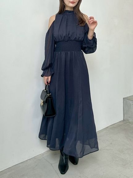 【スナイデル/SNIDEL】のコールドショルダーボウタイワンピース インテリア・キッズ・メンズ・レディースファッション・服の通販 founy(ファニー) 　ファッション　Fashion　レディースファッション　Fashion for Women　ワンピース　Dresses　ウェーブ　Wavy Pattern　ギャザー　Gathered, Ruffled　シャーリング　Shirring, Ruched　スマート　Smart, Elegant　スリーブ　Sleeve, Long Sleeve / Short Sleeve　ミックス　Mix, Mixed Style　おすすめ　Recommended / Our Picks　エレガント 上品　Elegant　NVY[089]|ID: prp329100004823010 ipo3291000000035069318