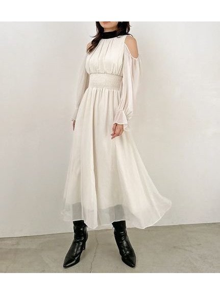 【スナイデル/SNIDEL】のコールドショルダーボウタイワンピース インテリア・キッズ・メンズ・レディースファッション・服の通販 founy(ファニー) 　ファッション　Fashion　レディースファッション　Fashion for Women　ワンピース　Dresses　ウェーブ　Wavy Pattern　ギャザー　Gathered, Ruffled　シャーリング　Shirring, Ruched　スマート　Smart, Elegant　スリーブ　Sleeve, Long Sleeve / Short Sleeve　ミックス　Mix, Mixed Style　おすすめ　Recommended / Our Picks　エレガント 上品　Elegant　MIX[930]|ID: prp329100004823010 ipo3291000000035069319