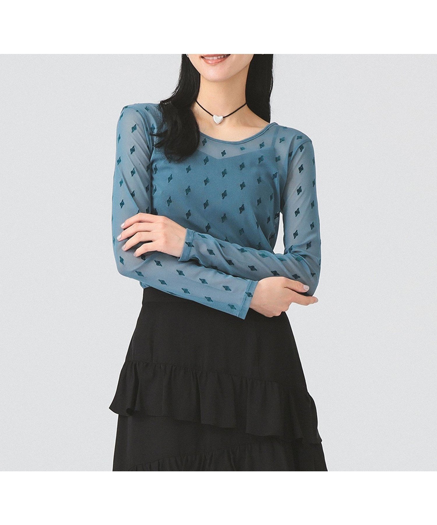 【ビームス ウイメン/BEAMS】の【透け感/重ね着/インナー/レイヤード】フロッキー プリント シアー ラウンドネック トップス インテリア・キッズ・メンズ・レディースファッション・服の通販 founy(ファニー) 　ファッション　Fashion　レディースファッション　Fashion for Women　トップス・カットソー　Cut & Sew Tops　インナー　Innerwear　キャミソール　Camisole, Spaghetti Strap Top　シアー　Sheer, See-Through　シンプル　Simple, Minimal　ジャケット　Jacket, Outerwear　タンク　Tank Top, Sleeveless Top　チュール　Tulip, Tulip Motif　トレンド　Trend, Trending Now　フィット　Fit, Slim Fit　プリント　Print, Printed Pattern　ラウンド　Round, Round Neck　おすすめ　Recommended / Our Picks　BLUE|ID: prp329100004823063 ipo3291000000035070015