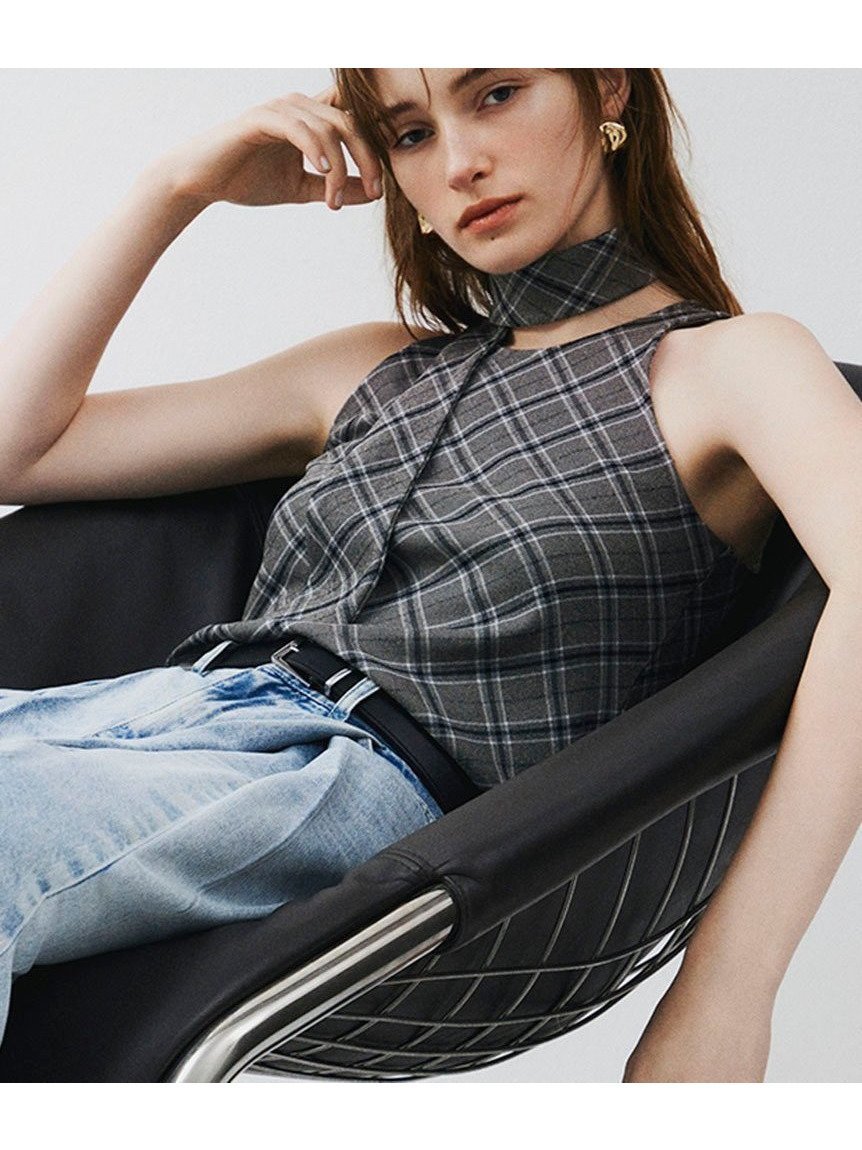 【フレイ アイディー/FRAY I.D】のファブリックバリエアメスリトップス インテリア・キッズ・メンズ・レディースファッション・服の通販 founy(ファニー) 　ファッション　Fashion　レディースファッション　Fashion for Women　トップス・カットソー　Cut & Sew Tops　カッティング　Cutting Detail　スマート　Smart, Elegant　スリット　Slit, Slit Detail　チェック　Check, Plaid, Tartan　チョーカー　Tulle, Mesh Fabric　トレンド　Trend, Trending Now　ノースリーブ　Sleeveless, No-Sleeve　ベロア　Velour, Soft Velvet　モノトーン　Monotone, Black and White　エレガント 上品　Elegant　秋　Autumn　CHECK[931]|ID: prp329100004823071 ipo3291000000035070163