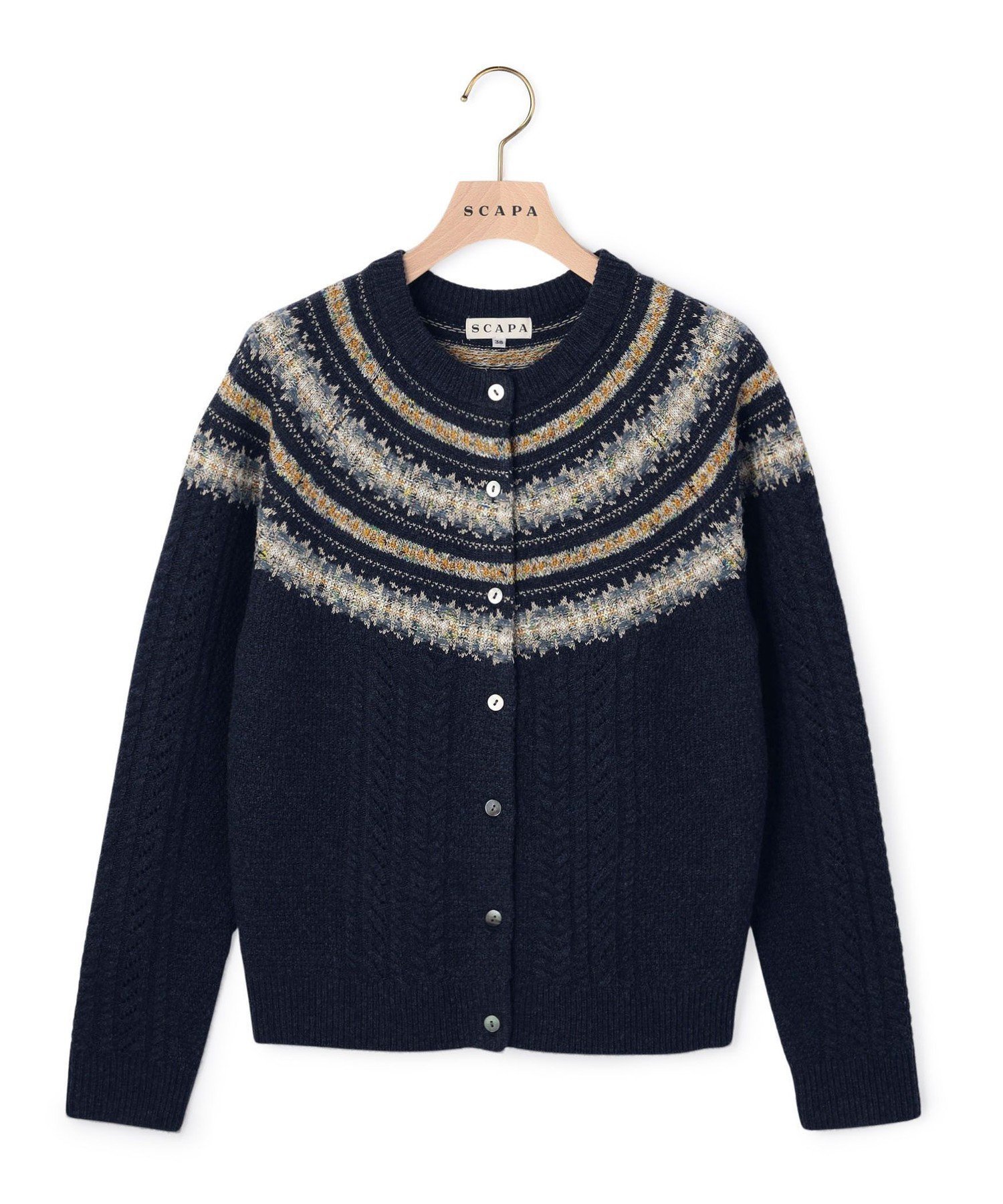【スキャパ/SCAPA】の【WEB限定】フェアイルケーブルニットカーディガン インテリア・キッズ・メンズ・レディースファッション・服の通販 founy(ファニー) 　ファッション　Fashion　レディースファッション　Fashion for Women　トップス・カットソー　Cut & Sew Tops　ニット　Knit Tops & Sweaters　カーディガン・羽織り　Layered Style Cardigans　コンパクト　Compact, Small Size　フロント　Front, Front Design　透かし　Cut-Out, Lacework　ネイビー|ID: prp329100004823352 ipo3291000000035073758