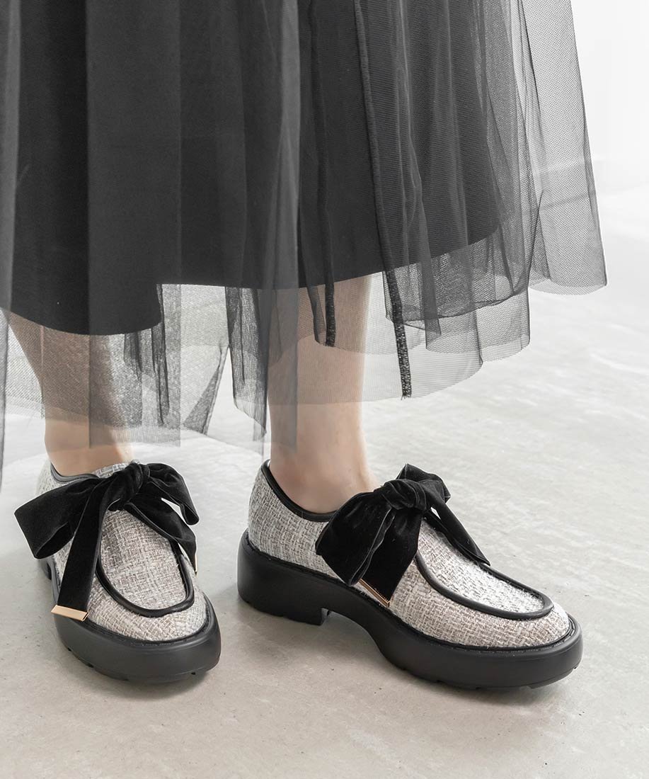 【ランダ/RANDA】のベロアリボンボリュームソールシューズ インテリア・キッズ・メンズ・レディースファッション・服の通販 founy(ファニー) 　ファッション　Fashion　レディースファッション　Fashion for Women　クッション　Cushion, Throw Pillow　ツイード　Twill, Twill Weave　トレンド　Trend, Trending Now　ベロア　Velour, Soft Velvet　リボン　Ribbon, Bow　GRAY|ID: prp329100004823526 ipo3291000000035076355