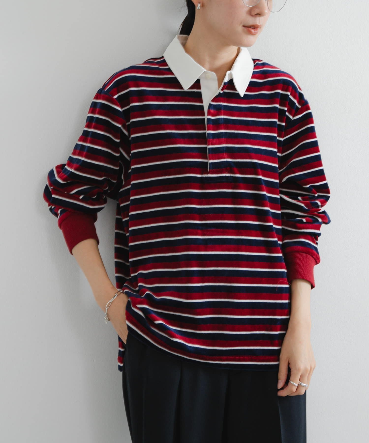 【アーバンリサーチ/URBAN RESEARCH】の『UR TECH』ベロアボーダーラガーシャツ インテリア・キッズ・メンズ・レディースファッション・服の通販 founy(ファニー) 　ファッション　Fashion　レディースファッション　Fashion for Women　トップス・カットソー　Cut & Sew Tops　シャツ・ブラウス・オフィスカジュアル　Elegant Blouses & Button-Ups　ベロアトップス　Velour Tops / Velvet-Look Items　2025年　2025　2025-2026秋冬・A/W　Autumn/Winter 2025–26 AW25–26　冬　Winter / This Winter　スリット　Slit, Slit Detail　トレンド　Trend, Trending Now　ベロア　Velour, Soft Velvet　ボーダー　Border, Stripe　ミックス　Mix, Mixed Style　ルーズ　Loose, Oversized　エレガント 上品　Elegant　A/W・秋冬　Autumn/Winter　CHERRY RED|ID: prp329100004823565 ipo3291000000035076707