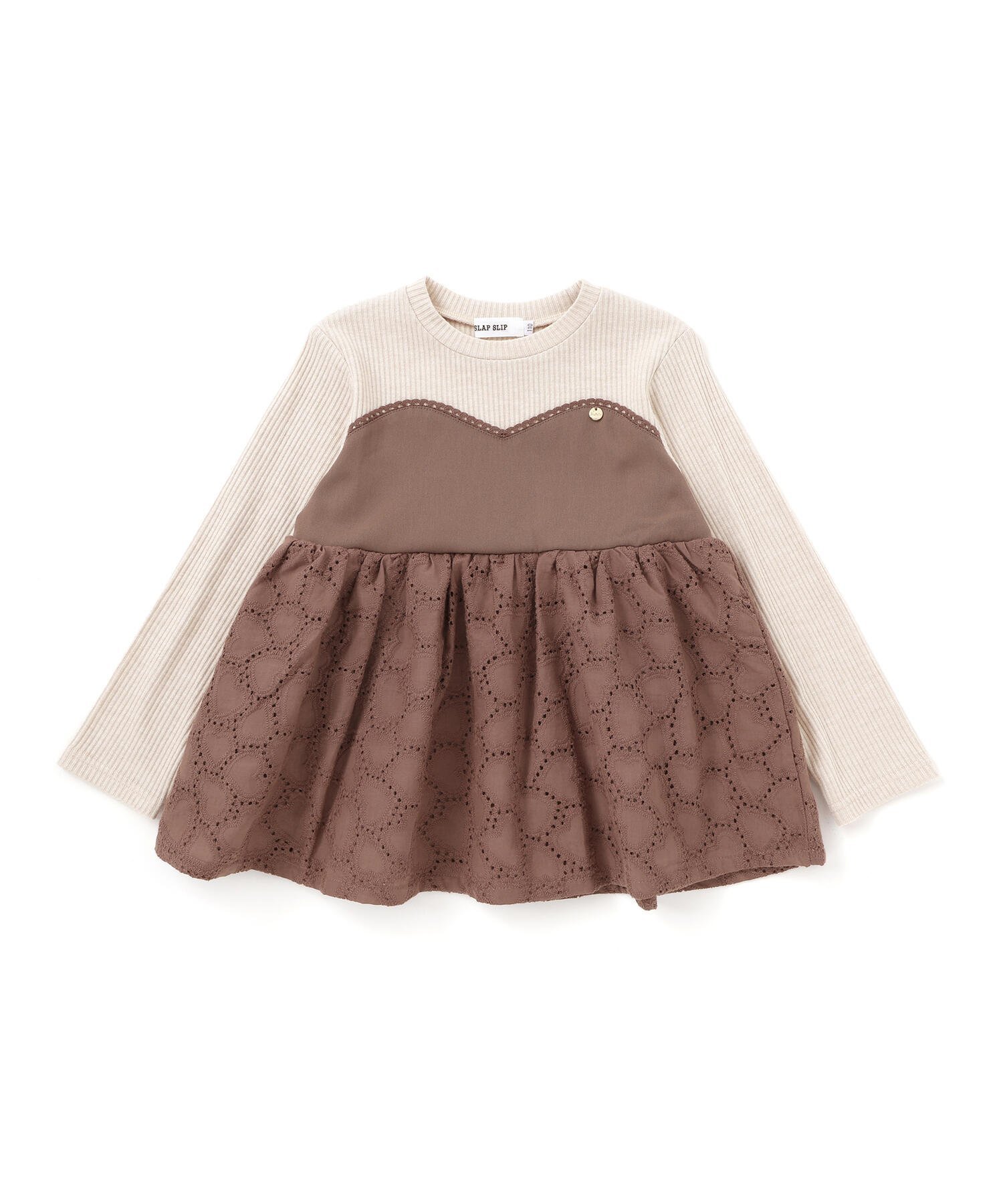 【ベベ オンライン ストア/BEBE ONLINE STORE / KIDS】のハートレースドッキングトレーナー(80~130cm) インテリア・キッズ・メンズ・レディースファッション・服の通販 founy(ファニー) 　ファッション　Fashion　キッズファッション　Fashion for Kids　秋　Autumn　カラフル　Colorful Design　キャミソール　Camisole, Spaghetti Strap Top　コレクション　Collection, Seasonal Line　コンパクト　Compact, Small Size　チェック　Check, Plaid, Tartan　チャーム　Charm, Pendant　テレコ　Ribbed, Rib Stitch　トレーナー　Sweatshirt, Trainer　ドッキング　Docking, Mixed Material　長袖　Long Sleeve, Full Sleeve　フレンチ　French, French Style　ボトム　Bottoms, Lower Wear　ミックス　Mix, Mixed Style　モチーフ　Motif, Design Theme　レース　Lace, Lace Fabric　A/W・秋冬　Autumn/Winter　おすすめ　Recommended / Our Picks　エレガント 上品　Elegant　2025年　2025　2025-2026秋冬・A/W　Autumn/Winter 2025–26 AW25–26　ベージュ×ブラウン|ID: prp329100004823628 ipo3291000000035077282