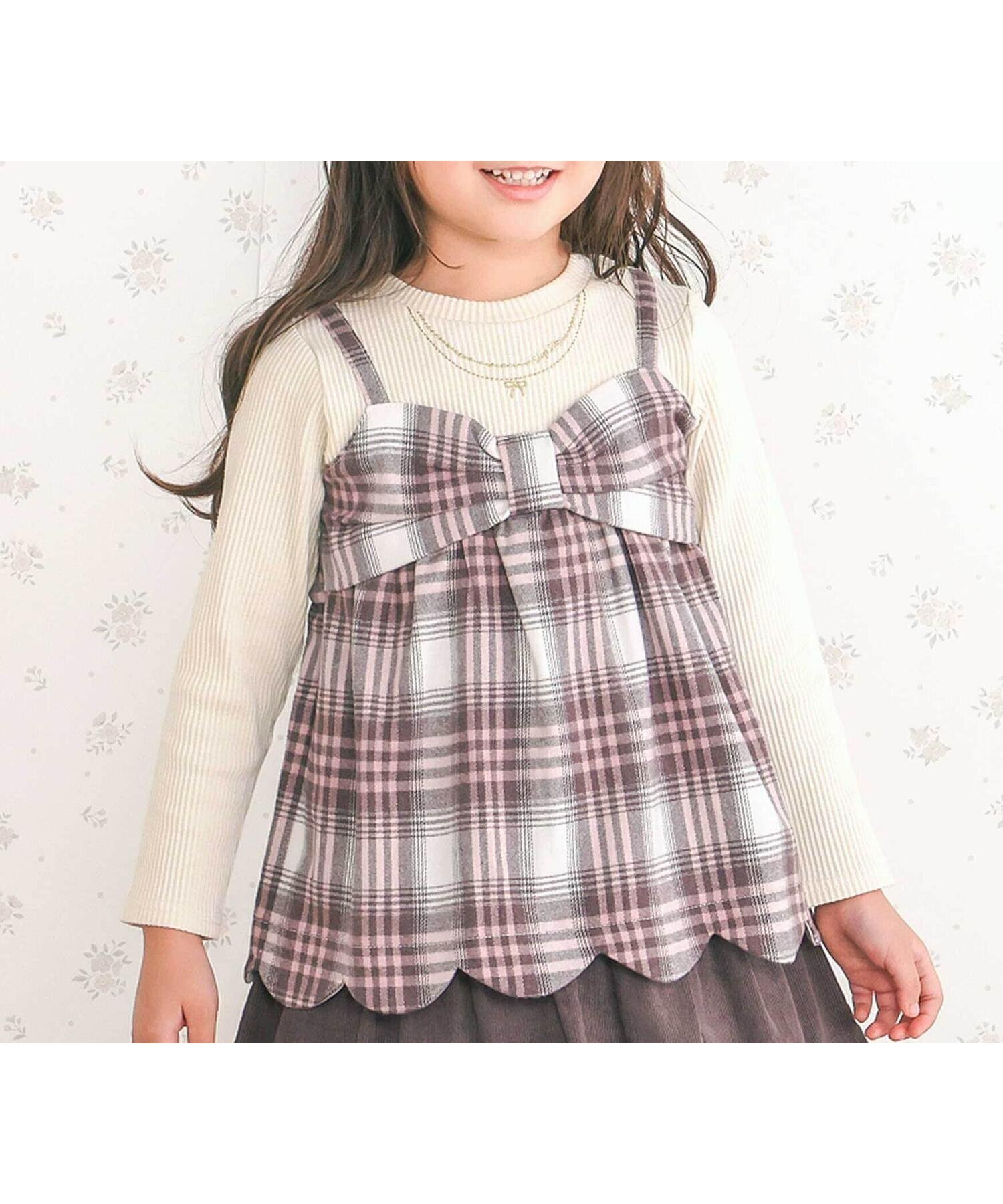 【ベベ オンライン ストア/BEBE ONLINE STORE / KIDS】の裾スカラップリボンキャミソールドッキングTシャツ(80~130cm) 人気、トレンドファッション・服の通販 founy(ファニー) 　ファッション　Fashion　キッズファッション　Fashion for Kids　アクセサリー　Fashion Accessories　秋　Autumn　カラフル　Colorful Design　キャミソール　Camisole, Spaghetti Strap Top　コレクション　Collection, Seasonal Line　コーデュロイ　Corduroy, Cord Fabric　スカラップ　Scallop, Scalloped Edge　チェック　Check, Plaid, Tartan　テレコ　Ribbed, Rib Stitch　ドッキング　Docking, Mixed Material　ネックレス　Necklace, Pendant Necklace　長袖　Long Sleeve, Full Sleeve　パープル　Purple, Violet　フィット　Fit, Slim Fit　フレンチ　French, French Style　ミックス　Mix, Mixed Style　モチーフ　Motif, Design Theme　リボン　Ribbon, Bow　A/W・秋冬　Autumn/Winter　おすすめ　Recommended / Our Picks　エレガント 上品　Elegant　2025年　2025　2025-2026秋冬・A/W　Autumn/Winter 2025–26 AW25–26　 other-1|ID: prp329100004823639 ipo3291000000035077314