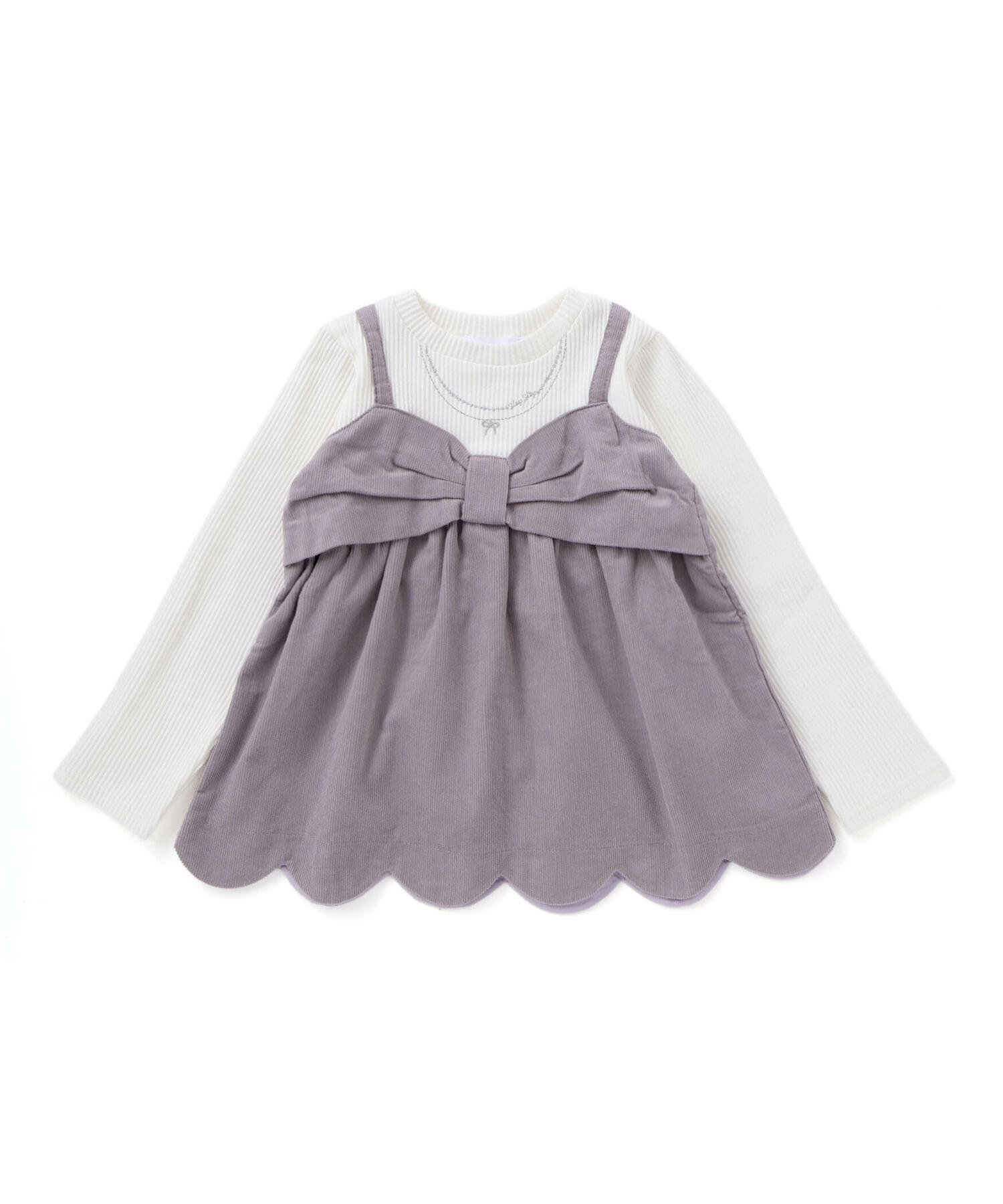 【ベベ オンライン ストア/BEBE ONLINE STORE / KIDS】の裾スカラップリボンキャミソールドッキングTシャツ(80~130cm) インテリア・キッズ・メンズ・レディースファッション・服の通販 founy(ファニー) 　ファッション　Fashion　キッズファッション　Fashion for Kids　アクセサリー　Fashion Accessories　秋　Autumn　カラフル　Colorful Design　キャミソール　Camisole, Spaghetti Strap Top　コレクション　Collection, Seasonal Line　コーデュロイ　Corduroy, Cord Fabric　スカラップ　Scallop, Scalloped Edge　チェック　Check, Plaid, Tartan　テレコ　Ribbed, Rib Stitch　ドッキング　Docking, Mixed Material　ネックレス　Necklace, Pendant Necklace　長袖　Long Sleeve, Full Sleeve　パープル　Purple, Violet　フィット　Fit, Slim Fit　フレンチ　French, French Style　ミックス　Mix, Mixed Style　モチーフ　Motif, Design Theme　リボン　Ribbon, Bow　A/W・秋冬　Autumn/Winter　おすすめ　Recommended / Our Picks　エレガント 上品　Elegant　2025年　2025　2025-2026秋冬・A/W　Autumn/Winter 2025–26 AW25–26　パープル|ID: prp329100004823639 ipo3291000000035077319