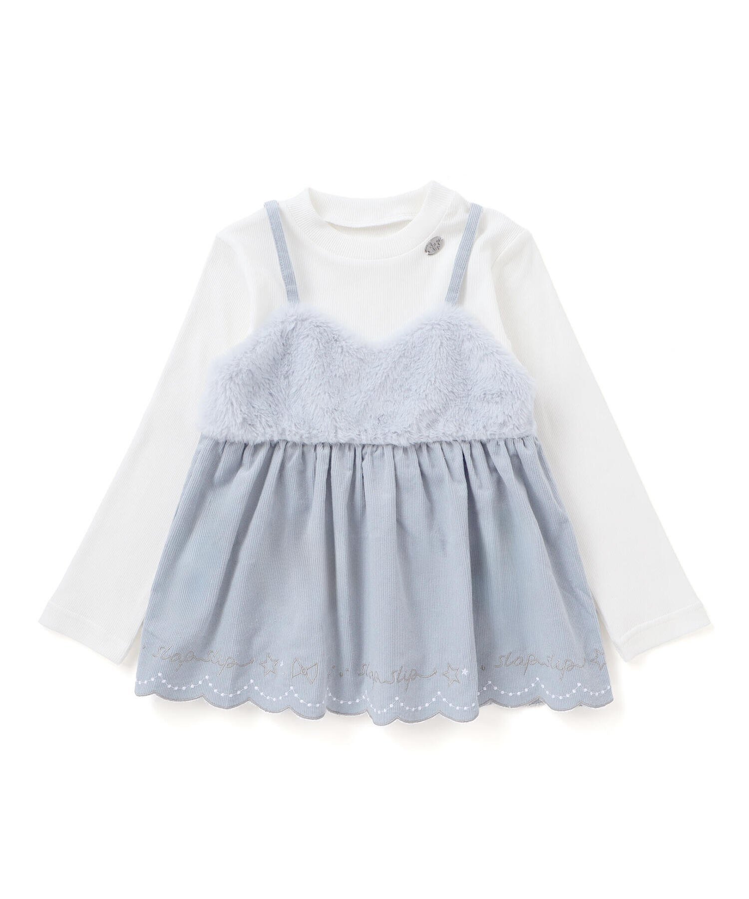 【ベベ オンライン ストア/BEBE ONLINE STORE / KIDS】の裾スカラップキャミソール+チャーム付きTシャツ2点セット(90~130cm) インテリア・キッズ・メンズ・レディースファッション・服の通販 founy(ファニー) 　ファッション　Fashion　キッズファッション　Fashion for Kids　秋　Autumn　カラフル　Colorful Design　キャミソール　Camisole, Spaghetti Strap Top　コレクション　Collection, Seasonal Line　コンパクト　Compact, Small Size　コーデュロイ　Corduroy, Cord Fabric　シンプル　Simple, Minimal　スカラップ　Scallop, Scalloped Edge　チェック　Check, Plaid, Tartan　チャーム　Charm, Pendant　テレコ　Ribbed, Rib Stitch　長袖　Long Sleeve, Full Sleeve　フレンチ　French, French Style　ボトム　Bottoms, Lower Wear　ミックス　Mix, Mixed Style　モチーフ　Motif, Design Theme　リボン　Ribbon, Bow　A/W・秋冬　Autumn/Winter　おすすめ　Recommended / Our Picks　エレガント 上品　Elegant　2025年　2025　2025-2026秋冬・A/W　Autumn/Winter 2025–26 AW25–26　ブルー×オフホワイト|ID: prp329100004823688 ipo3291000000035077717