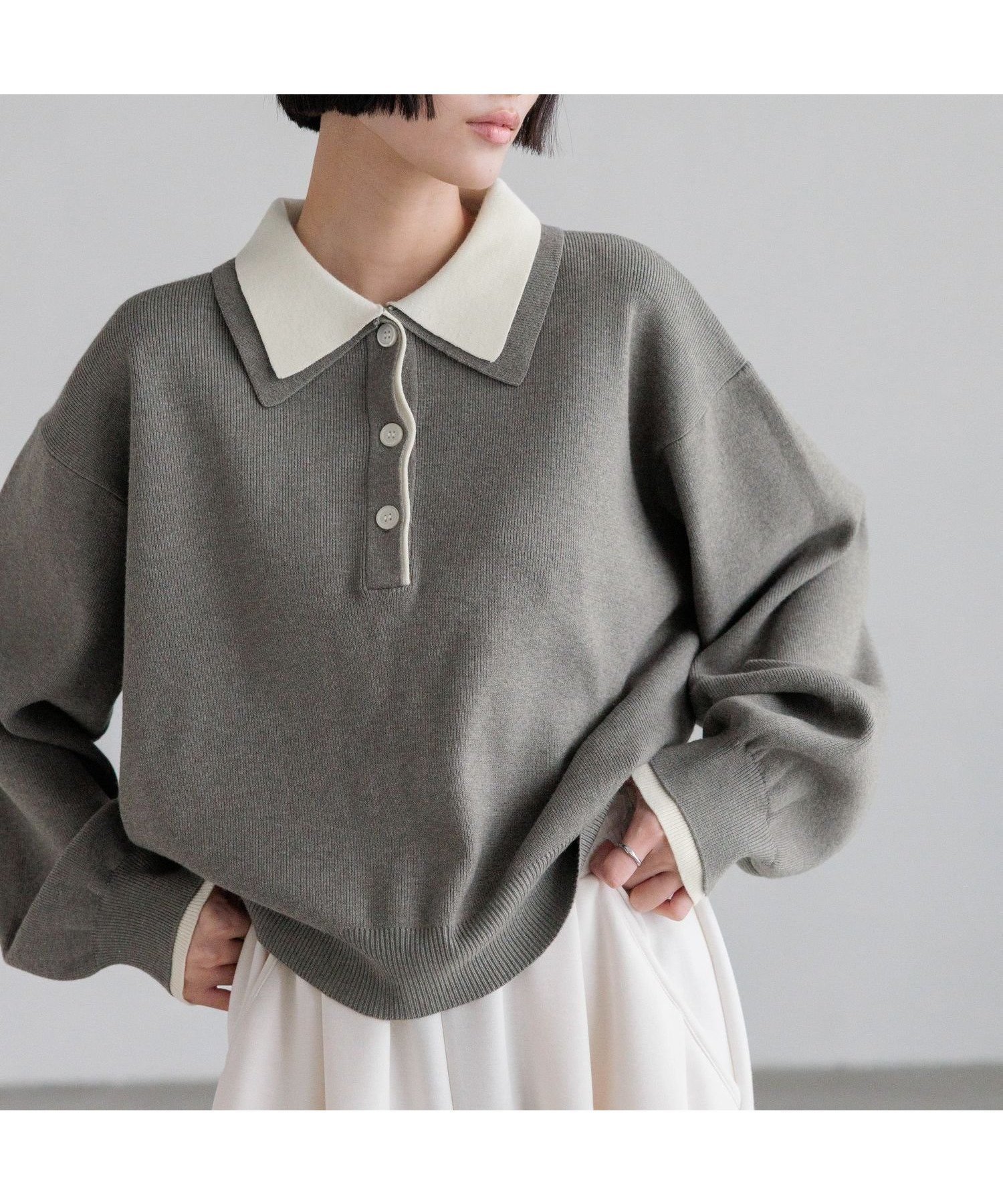 【ローリーズファーム/LOWRYS FARM】のバイカラーポロニットLS インテリア・キッズ・メンズ・レディースファッション・服の通販 founy(ファニー) ファッション Fashion レディースファッション Fashion for Women トップス・カットソー Cut & Sew Tops ニット Knit Tops & Sweaters デニム Denim, Jeans Material トレンド Trend, Trending Now フェミニン Feminine, Girly ボトム Bottoms, Lower Wear グレー×アイボリー|ID: prp329100004823826 ipo3291000000035079051