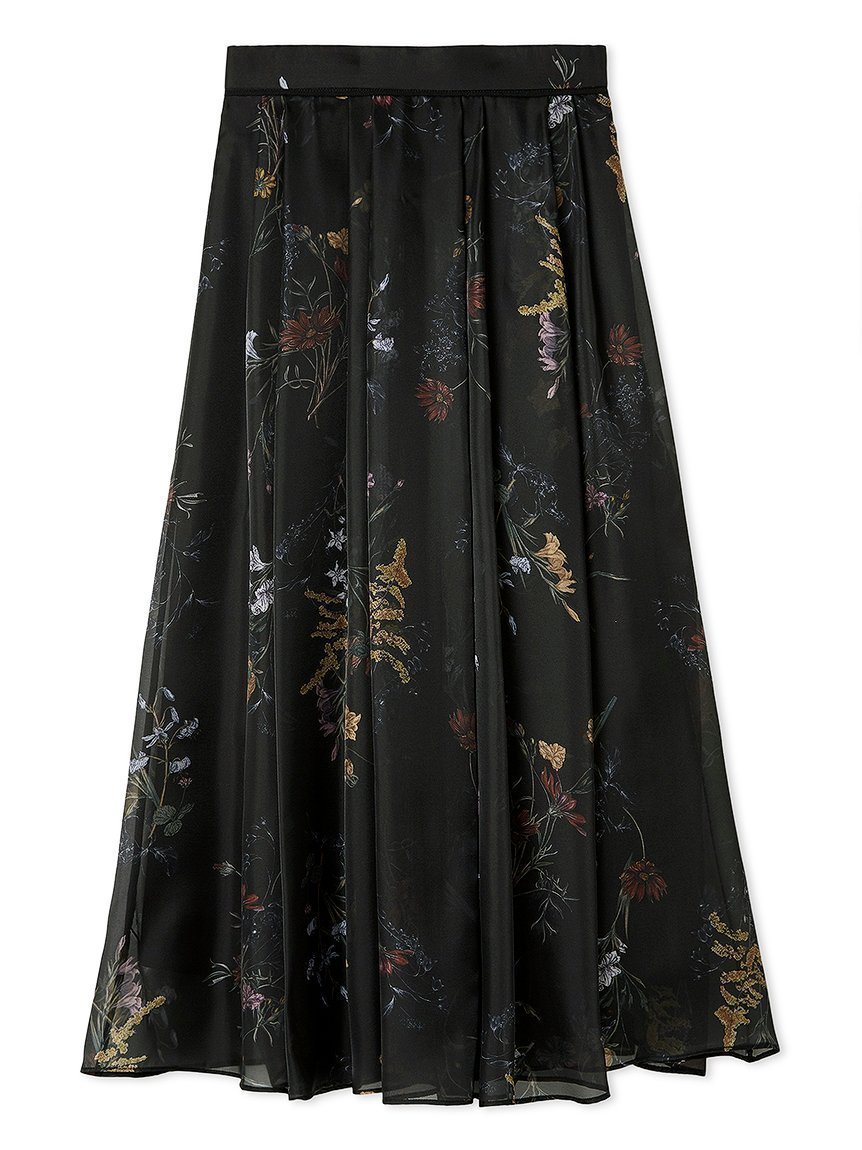 【フレイ アイディー/FRAY I.D】のボタニカルプリントシアータックスカート インテリア・キッズ・メンズ・レディースファッション・服の通販 founy(ファニー) 　ファッション　Fashion　レディースファッション　Fashion for Women　スカート　Skirts　秋　Autumn　ギャザー　Gathered, Ruffled　サテン　Satin, Glossy Fabric　シアー　Sheer, See-Through　スマート　Smart, Elegant　フレア　Flare, Flared　プリント　Print, Printed Pattern　ボタニカル　Botanical, Floral Pattern　ラグジュアリー　Luxury, Elegant　ランダム　Random, Irregular　おすすめ　Recommended / Our Picks　BLK[009]|ID: prp329100004823844 ipo3291000000035079280