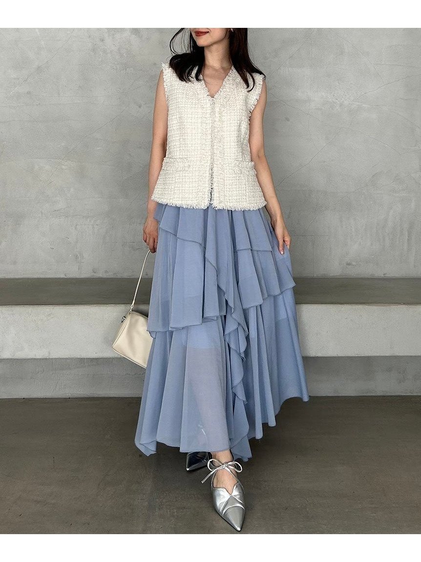 【フレイ アイディー/FRAY I.D】のアシメフレアスリットティアードスカート インテリア・キッズ・メンズ・レディースファッション・服の通販 founy(ファニー) 　ファッション　Fashion　レディースファッション　Fashion for Women　スカート　Skirts　ティアードスカート　Tiered Skirts　カッティング　Cutting Detail　ギャザー　Gathered, Ruffled　シアー　Sheer, See-Through　シフォン　Chiffon, Lightweight Fabric　シンプル　Simple, Minimal　スタイリッシュ　Stylish, Fashionable　スマート　Smart, Elegant　スリット　Slit, Slit Detail　ティアードスカート　Tiered Skirt, Flounced Skirt　トレンド　Trend, Trending Now　定番　Standard, Basic Item　フリル　Frill, Ruffle　フレア　Flare, Flared　レース　Lace, Lace Fabric　BLU[086]|ID: prp329100004823862 ipo3291000000035079499