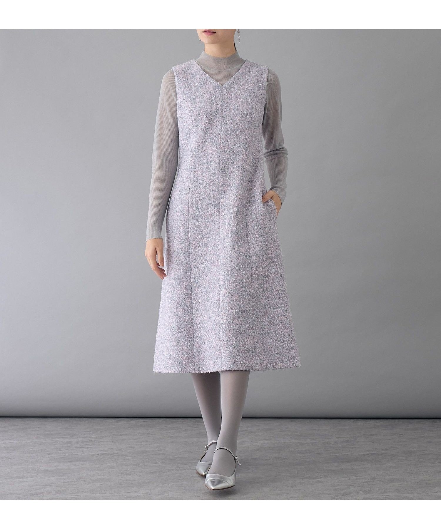 【アナイ/ANAYI】の【セットアップ対応商品】メタルシャギーツイード ワンピース インテリア・キッズ・メンズ・レディースファッション・服の通販 founy(ファニー) 　ファッション　Fashion　レディースファッション　Fashion for Women　ワンピース　Dresses　コレクション　Collection, Seasonal Line　ジャケット　Jacket, Outerwear　ジュエリー　Jewelry, Accessories　スマート　Smart, Elegant　セットアップ　Set-Up, Coordinated Outfit　ツイード　Twill, Twill Weave　テクスチャー　Texture, Textured Fabric　デコルテ　Décolleté, Neckline　バレエ　Ballet, Ballet Style　ロング　Long, Long-Length　冬　Winter / This Winter　再入荷　Restock / Back in Stock　エレガント 上品　Elegant　silver|ID: prp329100004823895 ipo3291000000035079921