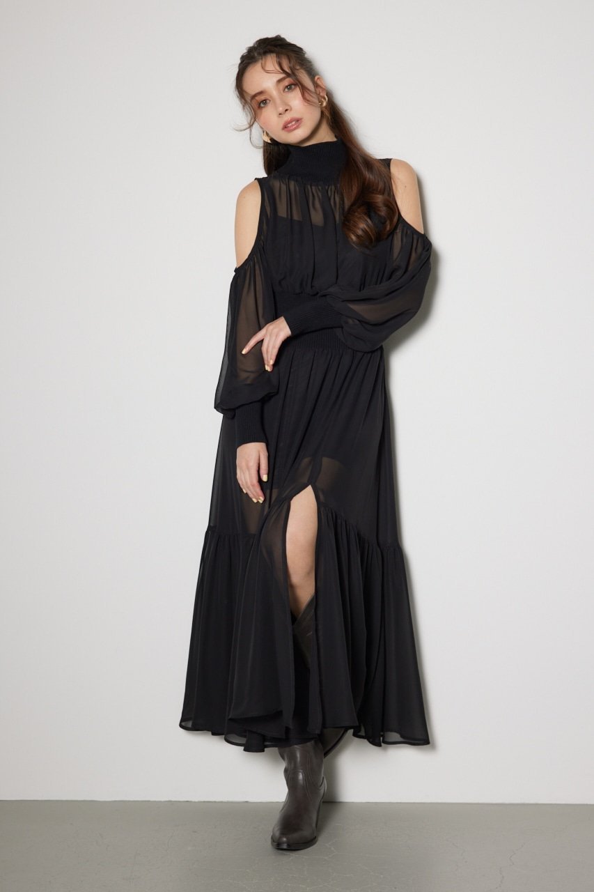 【リエンダ/rienda】のknitコンビスリットフレアワンピース 人気、トレンドファッション・服の通販 founy(ファニー) 　ファッション　Fashion　レディースファッション　Fashion for Women　ワンピース　Dresses　インナー　Innerwear　ウォーム　Warm Fabric　キャミソール　Camisole, Spaghetti Strap Top　コンビ　Combo, Combination Style　シフォン　Chiffon, Lightweight Fabric　ショルダー　Shoulder, Shoulder Strap　スリット　Slit, Slit Detail　ティアード　Tiered, Tiered Style　ドッキング　Docking, Mixed Material　ハイネック　High Neck, Mock Neck　フレア　Flare, Flared　ミドル　Middle Length, Mid Height　モノトーン　Monotone, Black and White　再入荷　Restock / Back in Stock　エレガント 上品　Elegant　 other-1|ID: prp329100004823911 ipo3291000000035080111