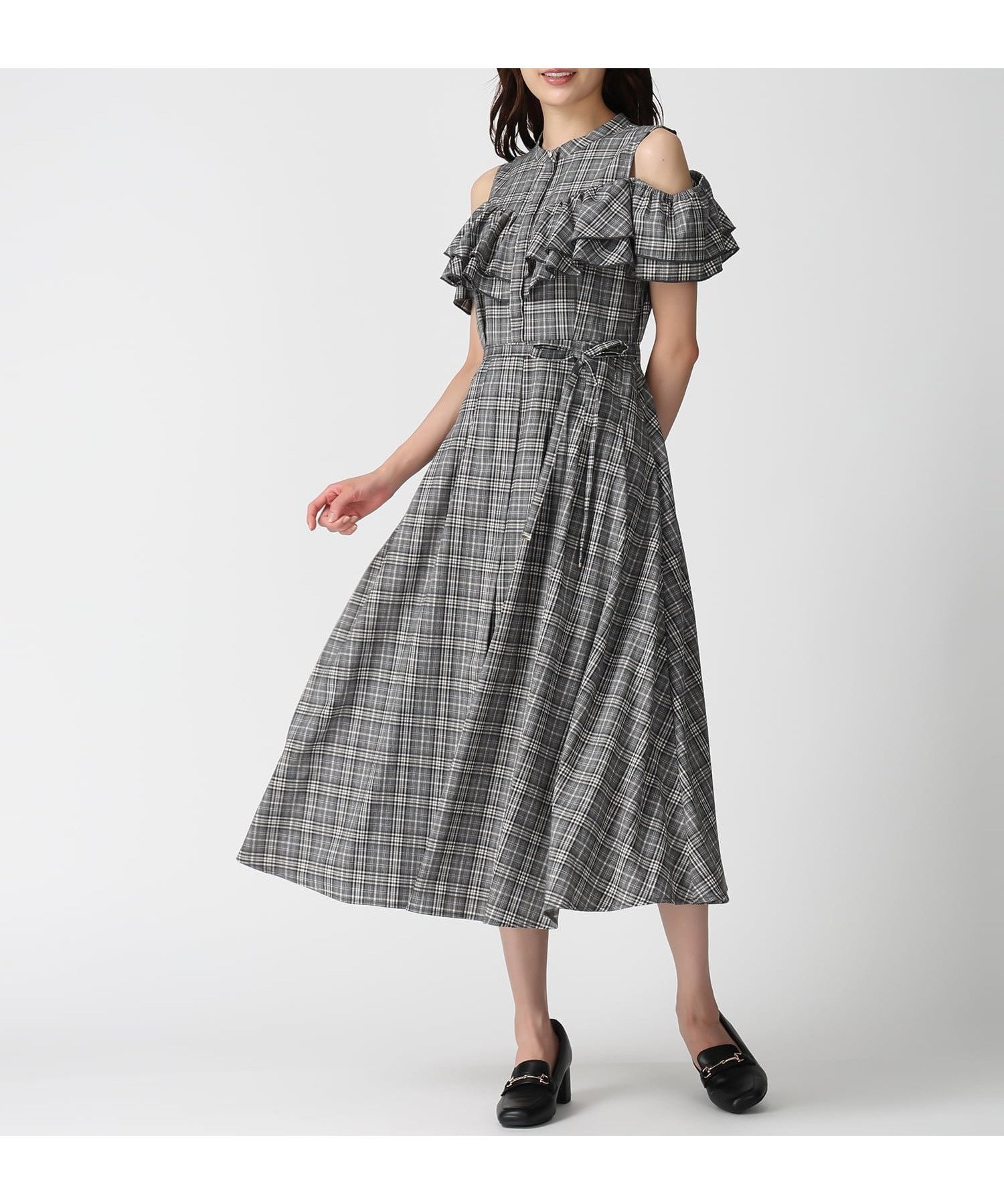 【ミッシュマッシュ/MISCH MASCH】のMM537418 チェック柄肩開きワンピース インテリア・キッズ・メンズ・レディースファッション・服の通販 founy(ファニー) 　ファッション　Fashion　レディースファッション　Fashion for Women　ワンピース　Dresses　チェック　Check, Plaid, Tartan　ブラック|ID: prp329100004823923 ipo3291000000035080213