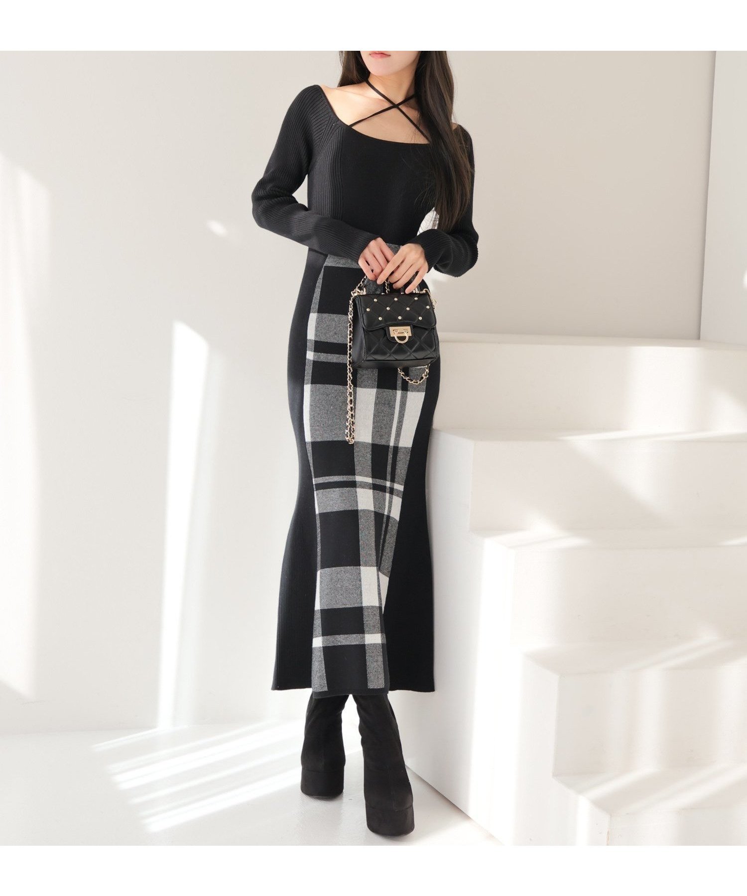 【リップサービス/LIP SERVICE】のLIP SERVICE/シェーディングチェックマーメイドワンピース 人気、トレンドファッション・服の通販 founy(ファニー) 　ファッション　Fashion　レディースファッション　Fashion for Women　ワンピース　Dresses　おすすめ　Recommended / Our Picks　アクリル　Acrylic Material　ショート　Short, Short Length　チェック　Check, Plaid, Tartan　トレンド　Trend, Trending Now　ベーシック　Basic, Essential　マーメイド　Mermaid, Fishtail Silhouette　無地　Plain, Solid Color　 other-1|ID: prp329100004823935 ipo3291000000035080339