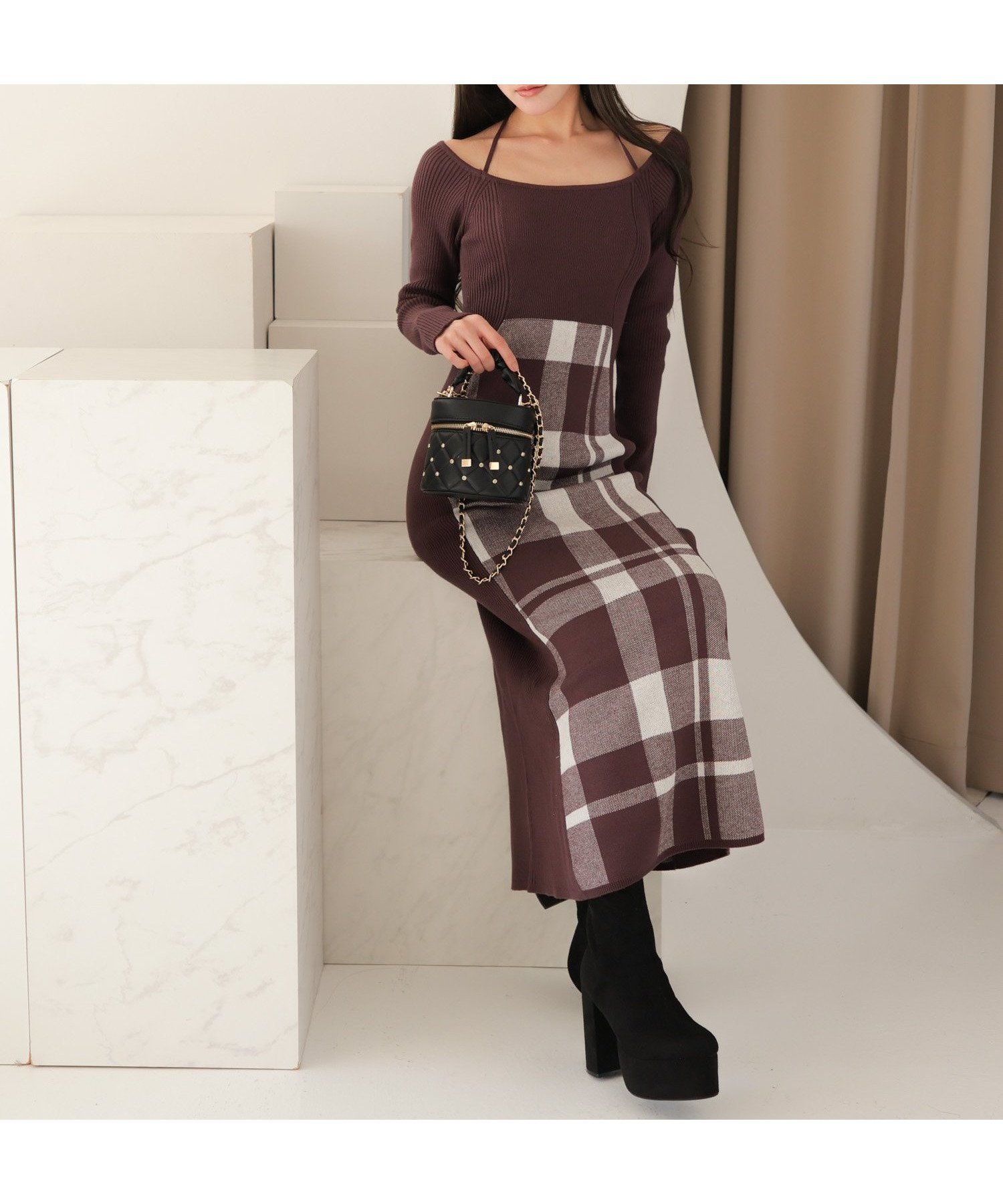 【リップサービス/LIP SERVICE】のLIP SERVICE/シェーディングチェックマーメイドワンピース インテリア・キッズ・メンズ・レディースファッション・服の通販 founy(ファニー) 　ファッション　Fashion　レディースファッション　Fashion for Women　ワンピース　Dresses　おすすめ　Recommended / Our Picks　アクリル　Acrylic Material　ショート　Short, Short Length　チェック　Check, Plaid, Tartan　トレンド　Trend, Trending Now　ベーシック　Basic, Essential　マーメイド　Mermaid, Fishtail Silhouette　無地　Plain, Solid Color　ブラウン|ID: prp329100004823935 ipo3291000000035080342