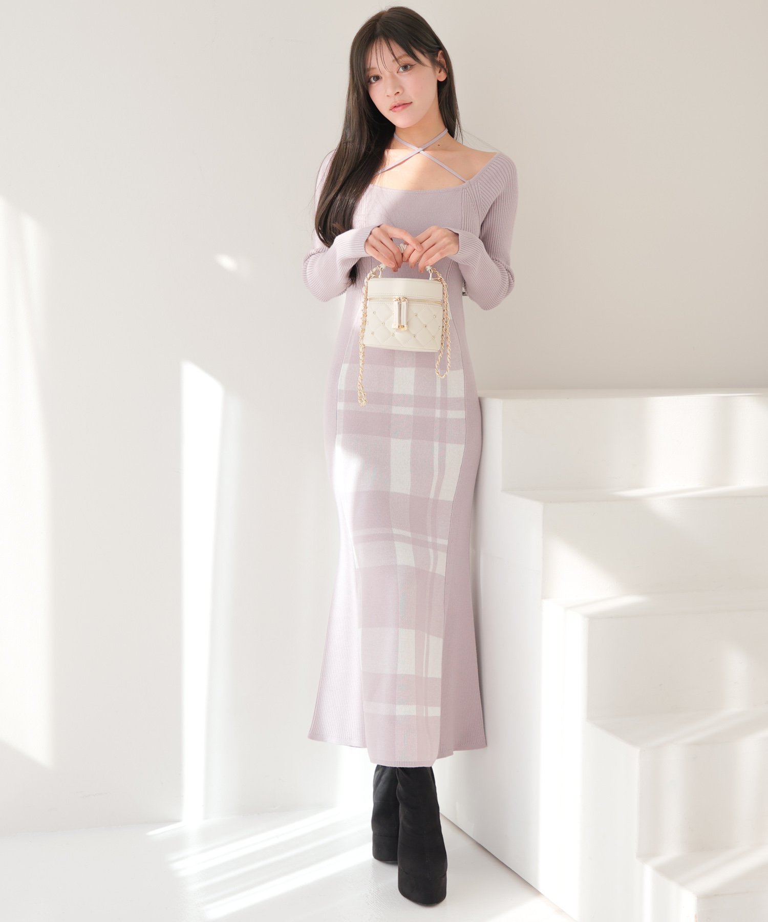 【リップサービス/LIP SERVICE】のLIP SERVICE/シェーディングチェックマーメイドワンピース インテリア・キッズ・メンズ・レディースファッション・服の通販 founy(ファニー) 　ファッション　Fashion　レディースファッション　Fashion for Women　ワンピース　Dresses　おすすめ　Recommended / Our Picks　アクリル　Acrylic Material　ショート　Short, Short Length　チェック　Check, Plaid, Tartan　トレンド　Trend, Trending Now　ベーシック　Basic, Essential　マーメイド　Mermaid, Fishtail Silhouette　無地　Plain, Solid Color　ラヴェンダー|ID: prp329100004823935 ipo3291000000035080344