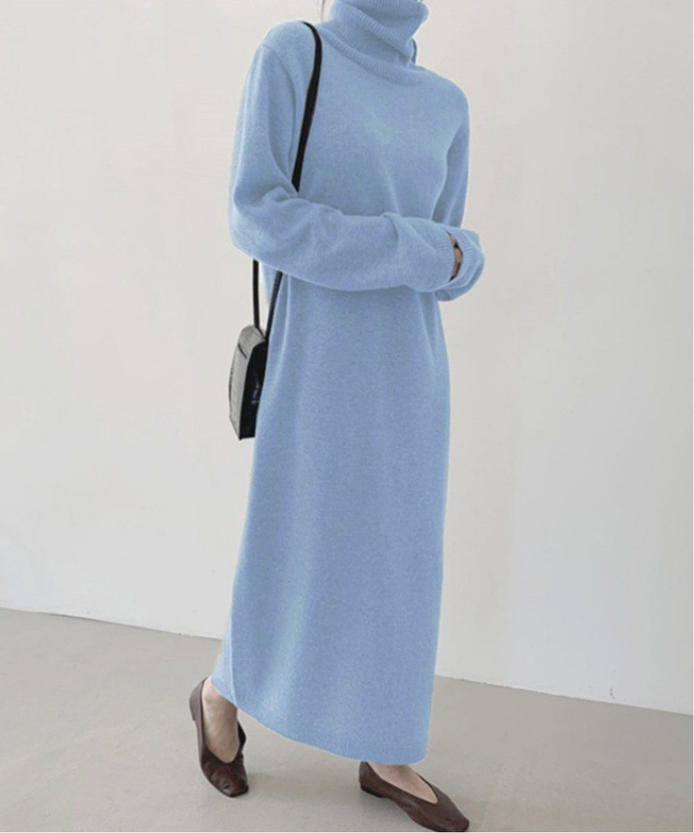 【ミニミニストア/miniministore】のタートルネックニットワンピース 韓国風 インテリア・キッズ・メンズ・レディースファッション・服の通販 founy(ファニー) 　ファッション　Fashion　レディースファッション　Fashion for Women　ワンピース　Dresses　ニットワンピース　Knit Dresses　アクリル　Acrylic Material　シンプル　Simple, Minimal　長袖　Long Sleeve, Full Sleeve　ハイネック　High Neck, Mock Neck　フェミニン　Feminine, Girly　無地　Plain, Solid Color　ロング　Long, Long-Length　エレガント 上品　Elegant　ライトブルー|ID: prp329100004823946 ipo3291000000035080510