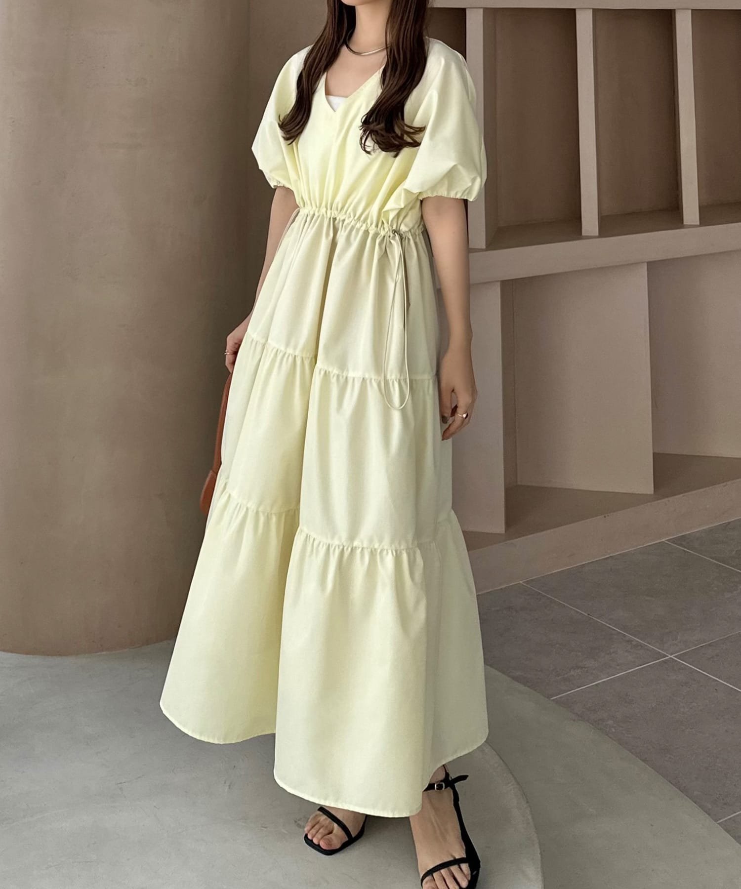 【ジュノア/JUNOAH】のcallautia Vネックドロストワンピース インテリア・キッズ・メンズ・レディースファッション・服の通販 founy(ファニー) 　ファッション　Fashion　レディースファッション　Fashion for Women　ワンピース　Dresses　イエロー|ID: prp329100004823957 ipo3291000000035080628